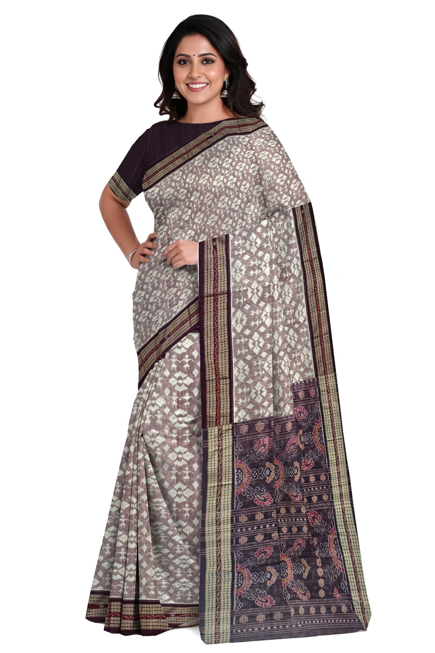 White & Coffee Traditional Body Bandha Saree | Odisha Handloom GI Tagged | Devnika