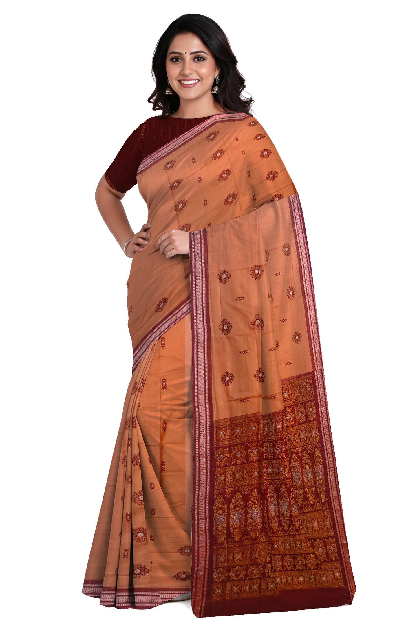 Deep Coral Bomkai Sambalapuri Saree