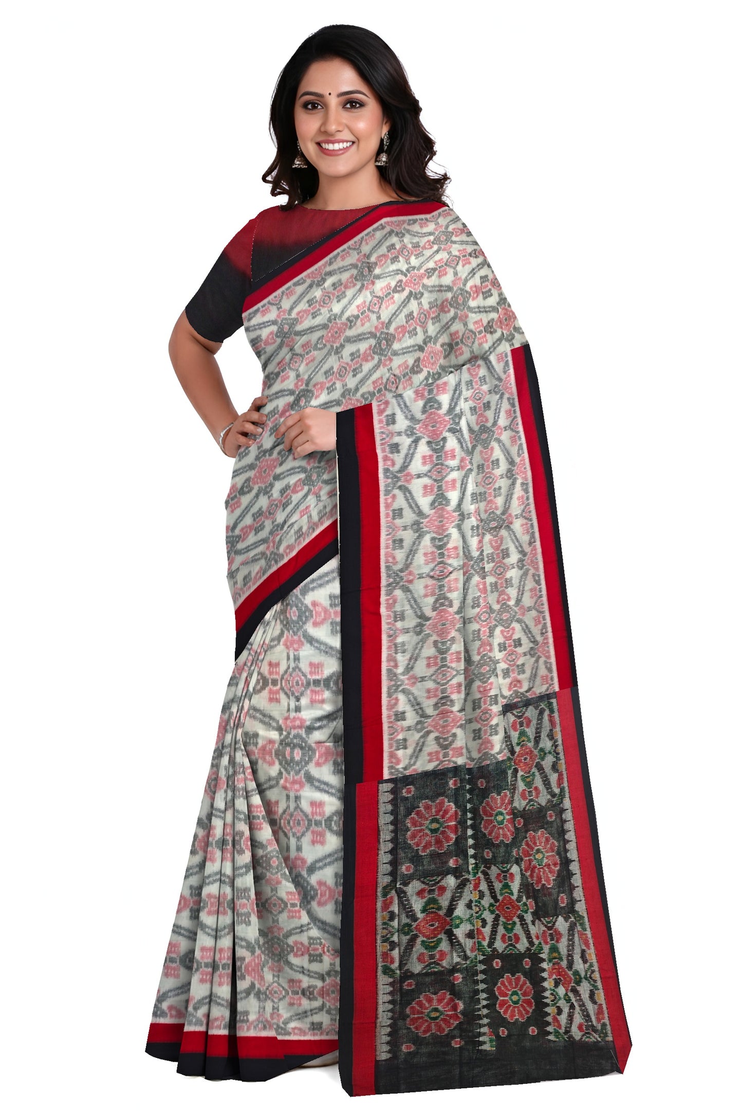 White And Red Mania Bandha Traditional Katiki Saree | Odisha Handloom GI Tagged | Devnika