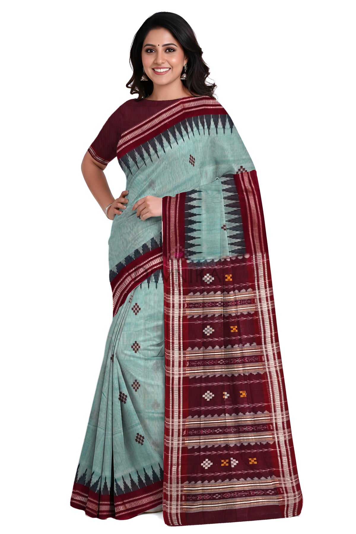 Light Green Temple Boarder Cotton Bapta Saree | Odisha Handloom GI Tagged | Devnika