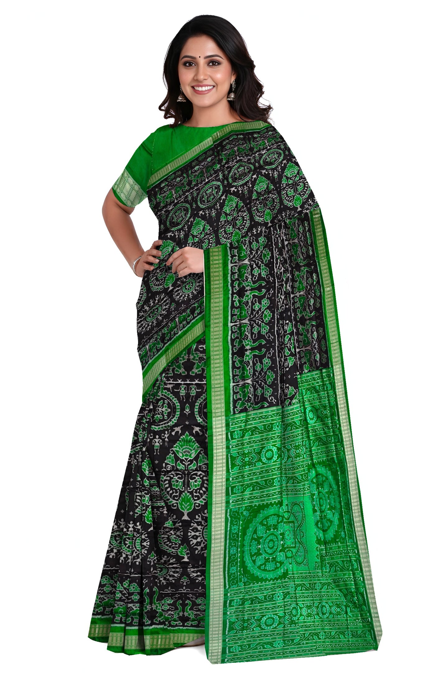 Black & Green Traditional Body Bandha Saree | Odisha Handloom GI Tagged | Devnika