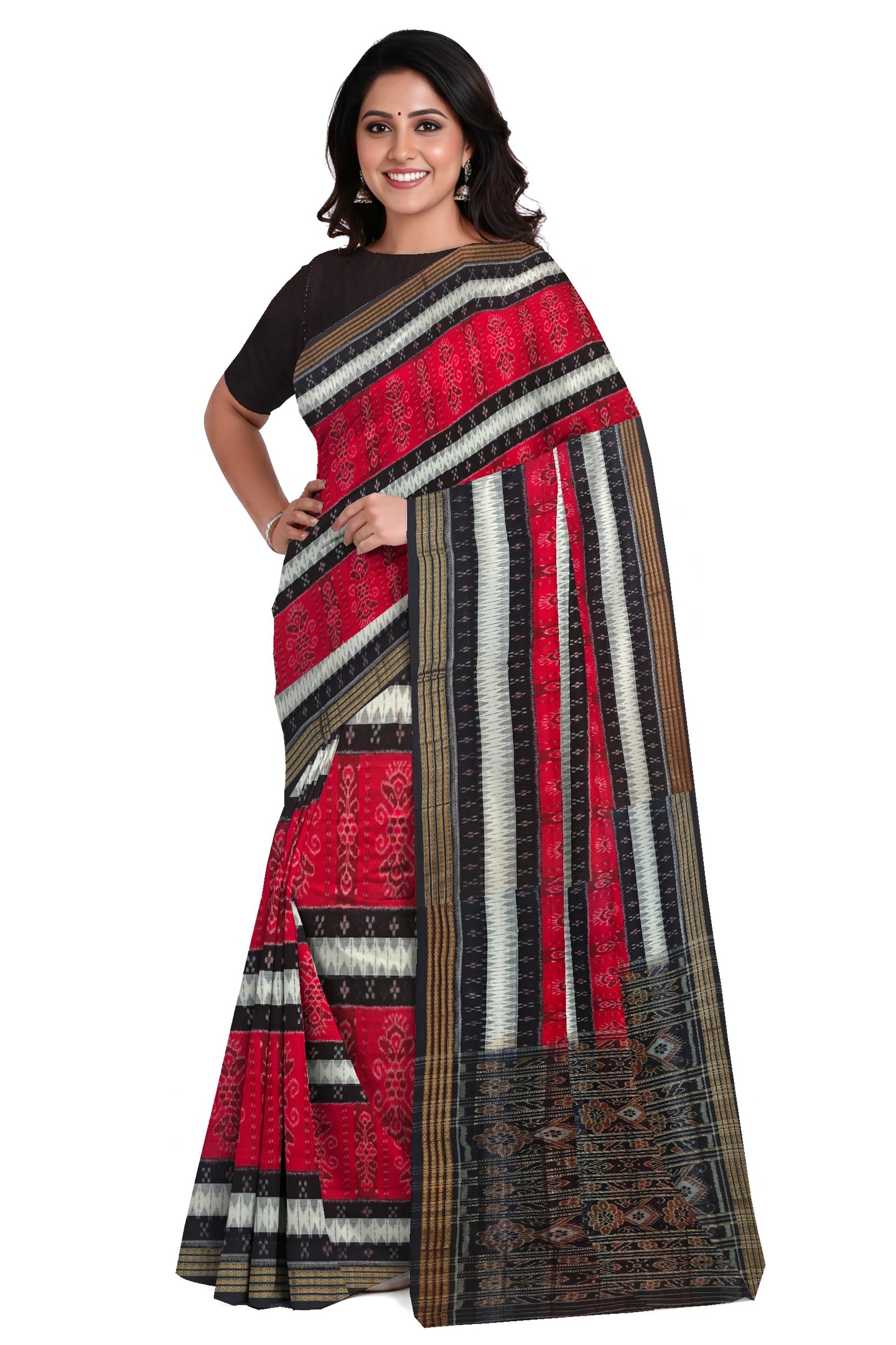 Red And White Mania Bandha Traditional Katiki Saree | Odisha Handloom GI Tagged | Devnika