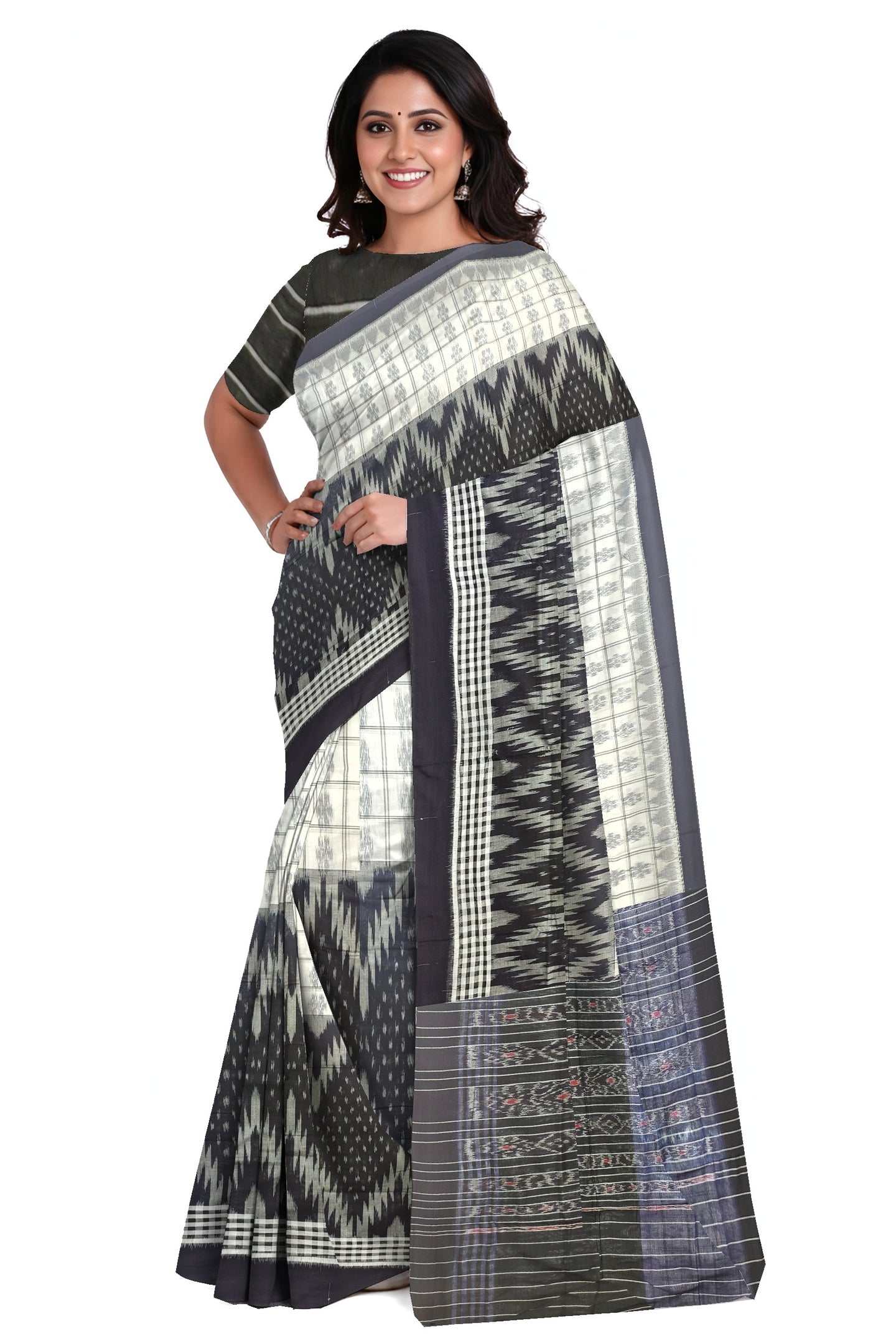 Black And White Mania Bandha Traditional Katiki Saree | Odisha Handloom GI Tagged | Devnika