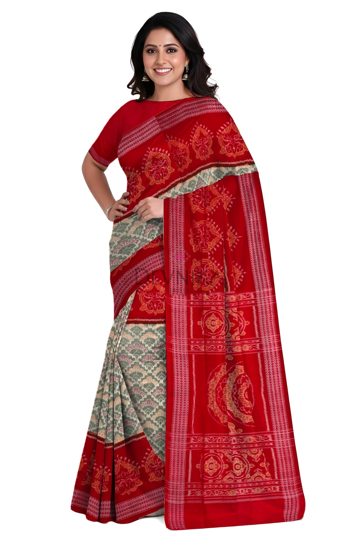 Steel & White Big Border Bandha Saree | Odisha Handloom GI Tagged | Devnika