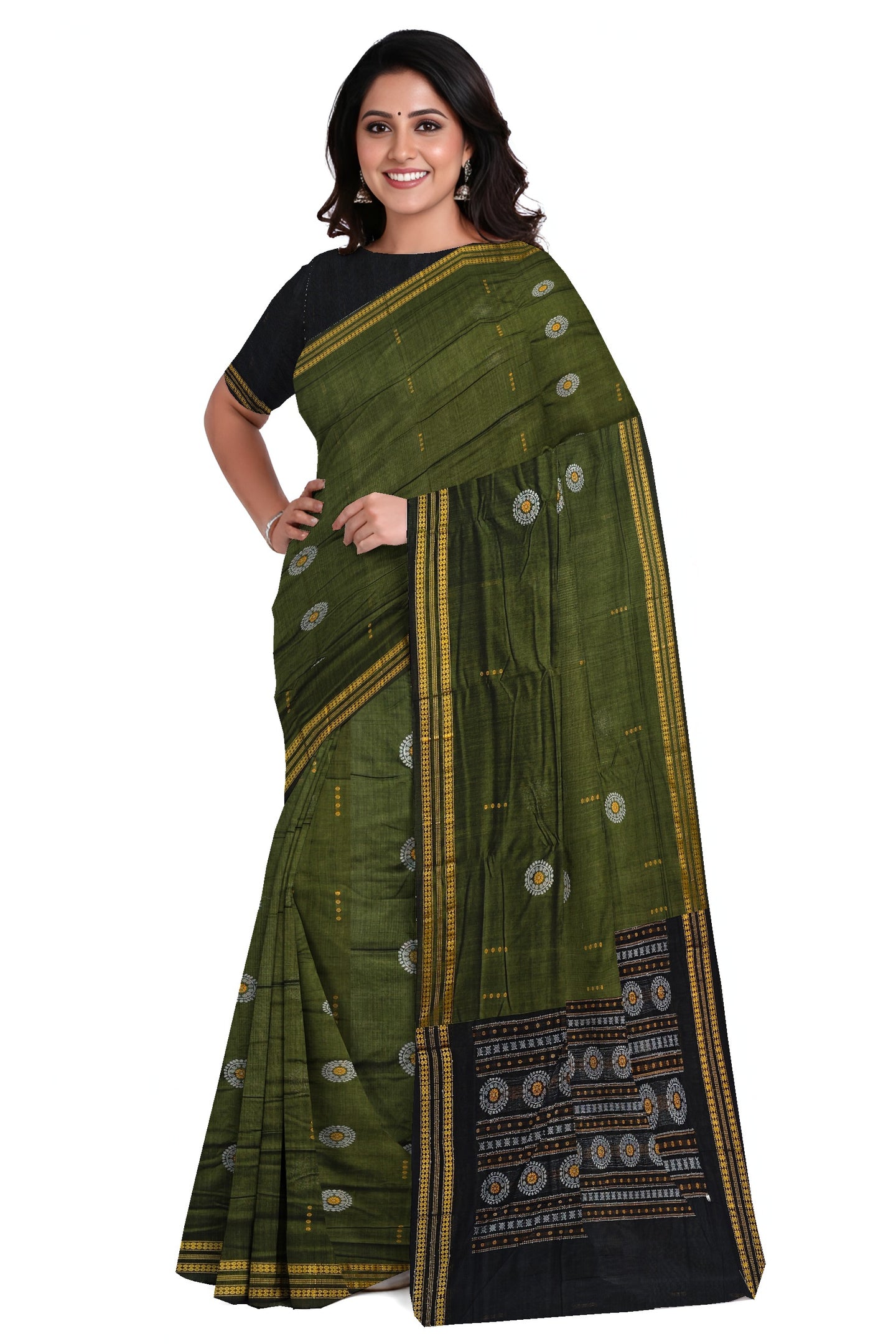 Olive Green Bomkai Butti Sambalapuri Saree | Odisha Handloom GI Tagged | Devnika
