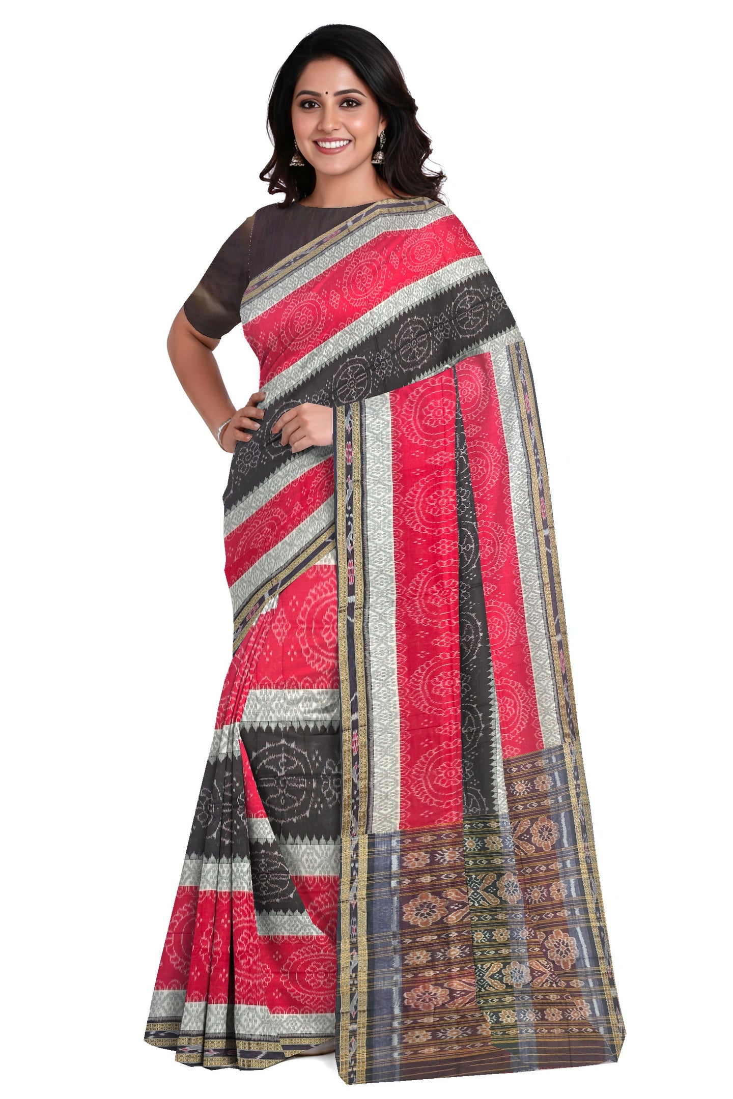 Red And White Mania Bandha Traditional Katiki Saree | Odisha Handloom GI Tagged | Devnika
