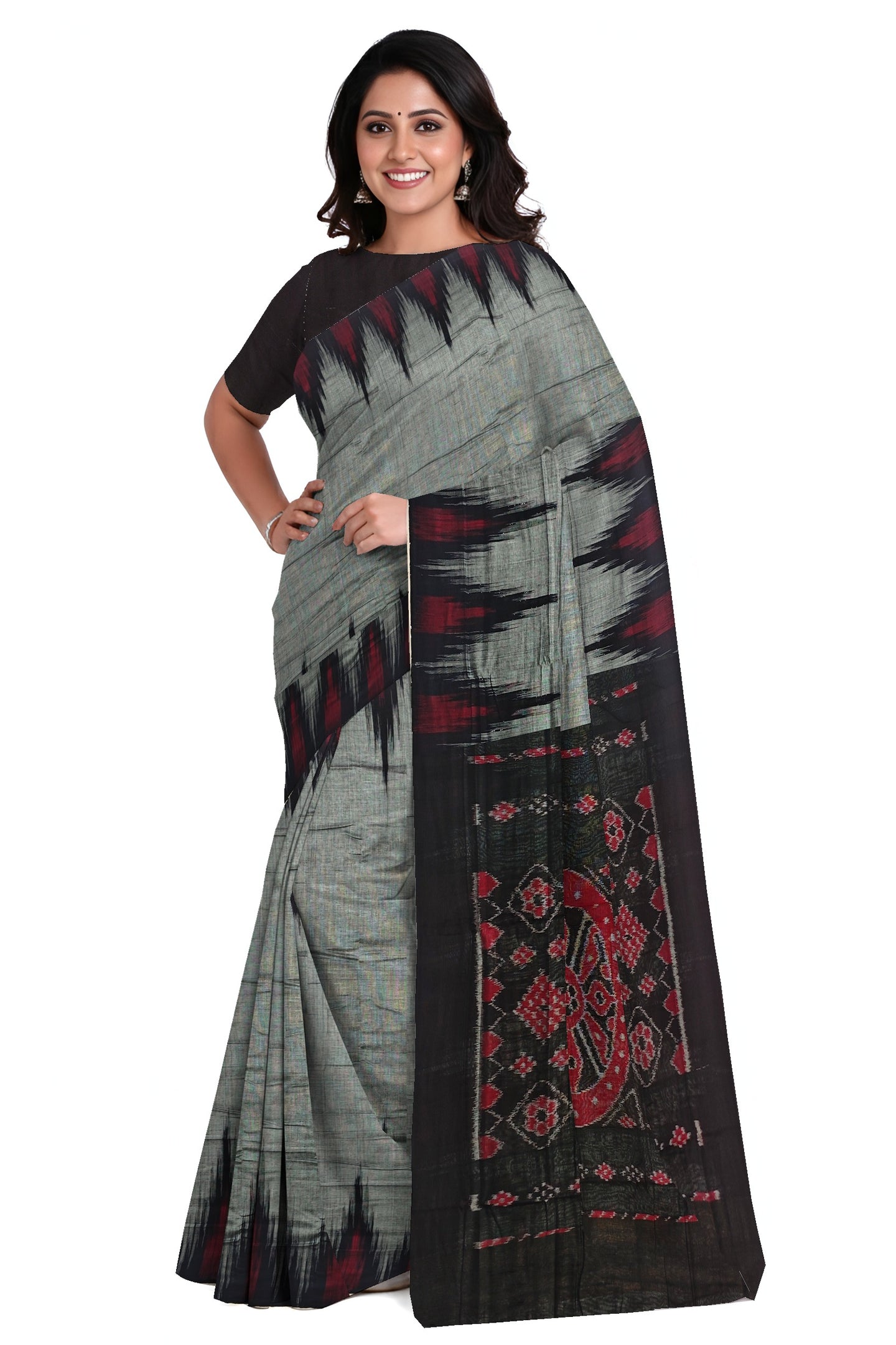 Grey Mania Bandha Traditional Temple Border Katiki Saree | Odisha Handloom GI Tagged | Devnika