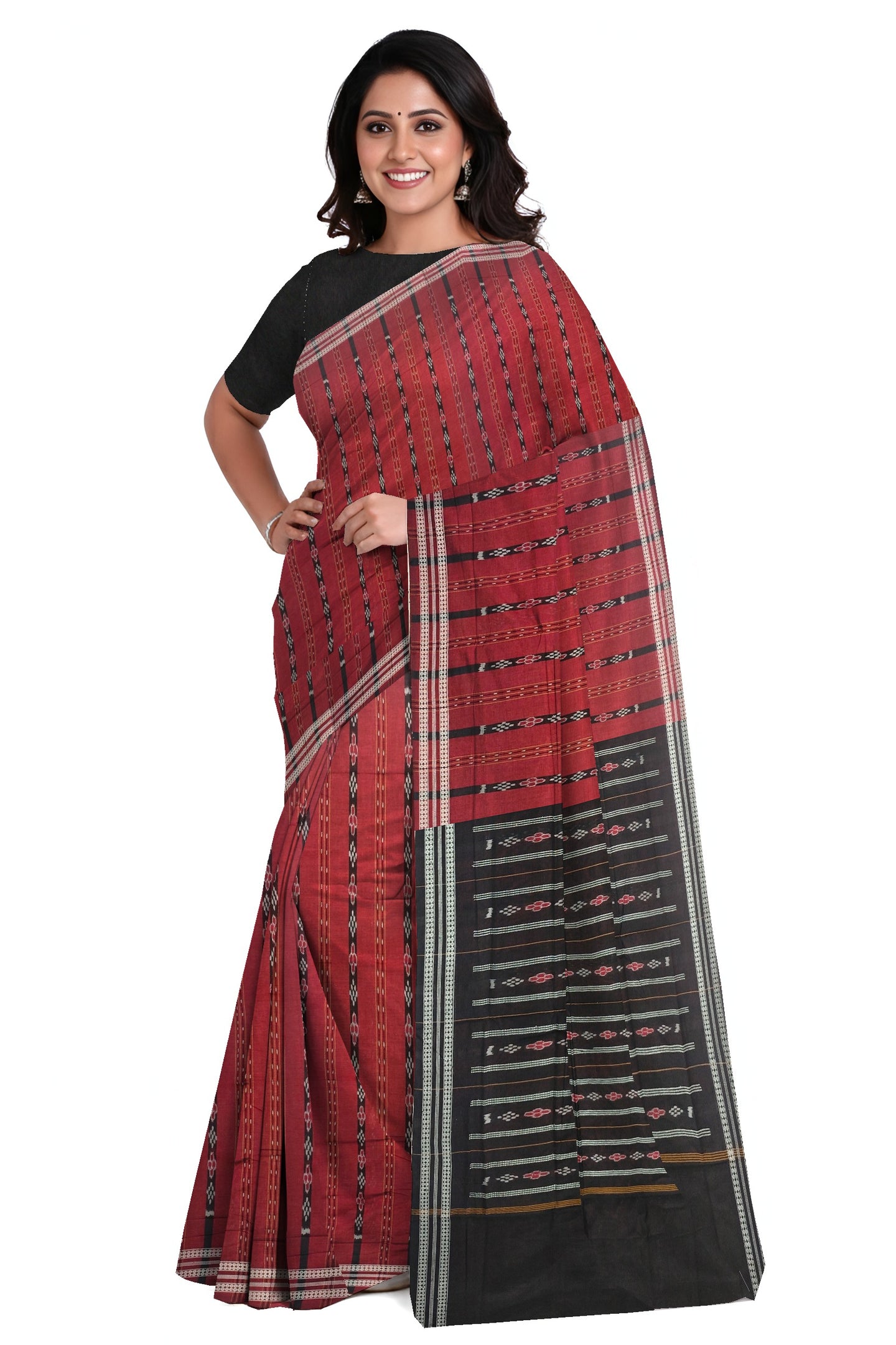 Deep Maroon Line Bandha Saree | Odisha Handloom GI Tagged | Devnika