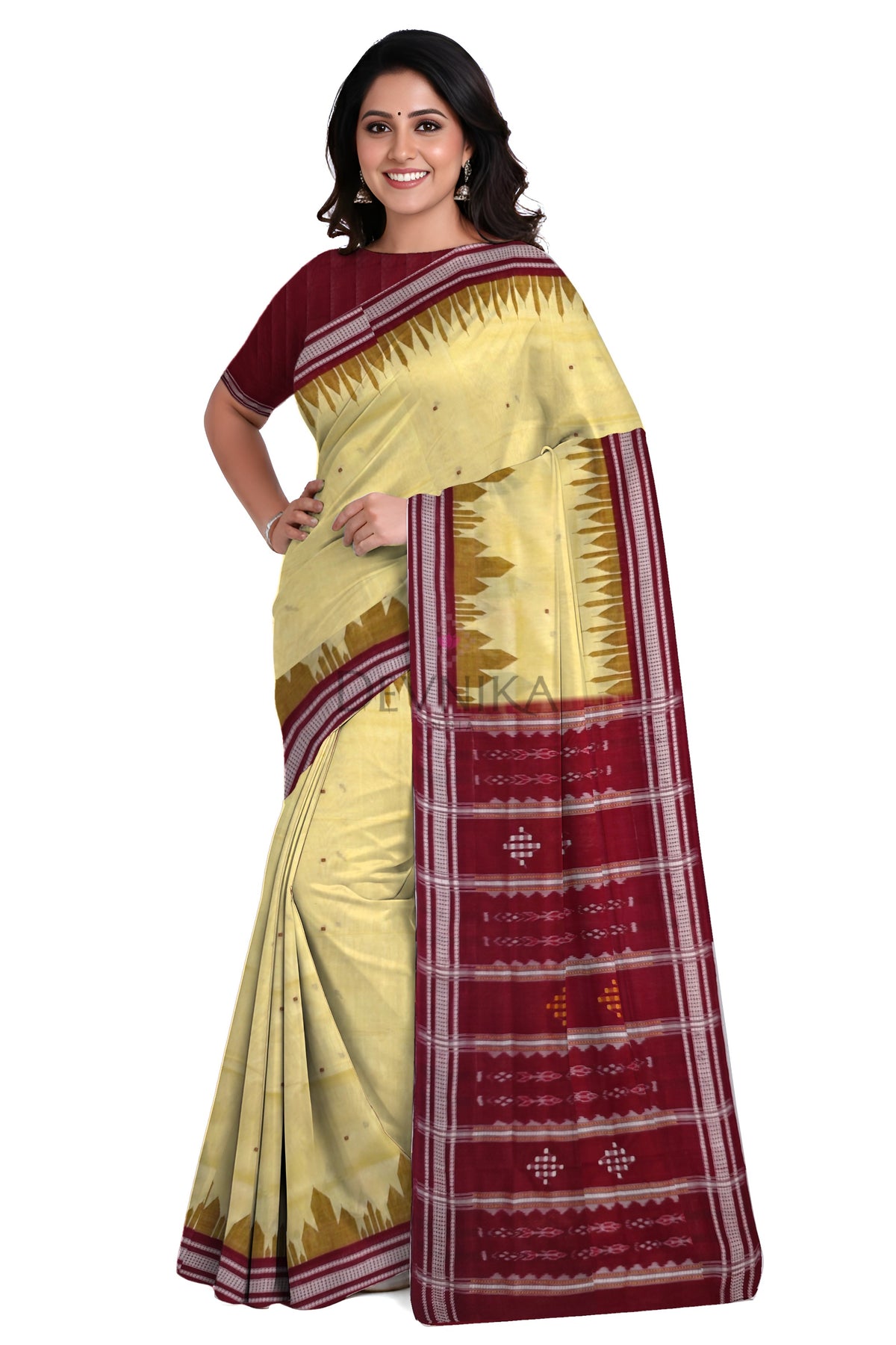 Cream Yellow Temple Boarder Cotton Bapta Saree | Odisha Handloom GI Tagged | Devnika