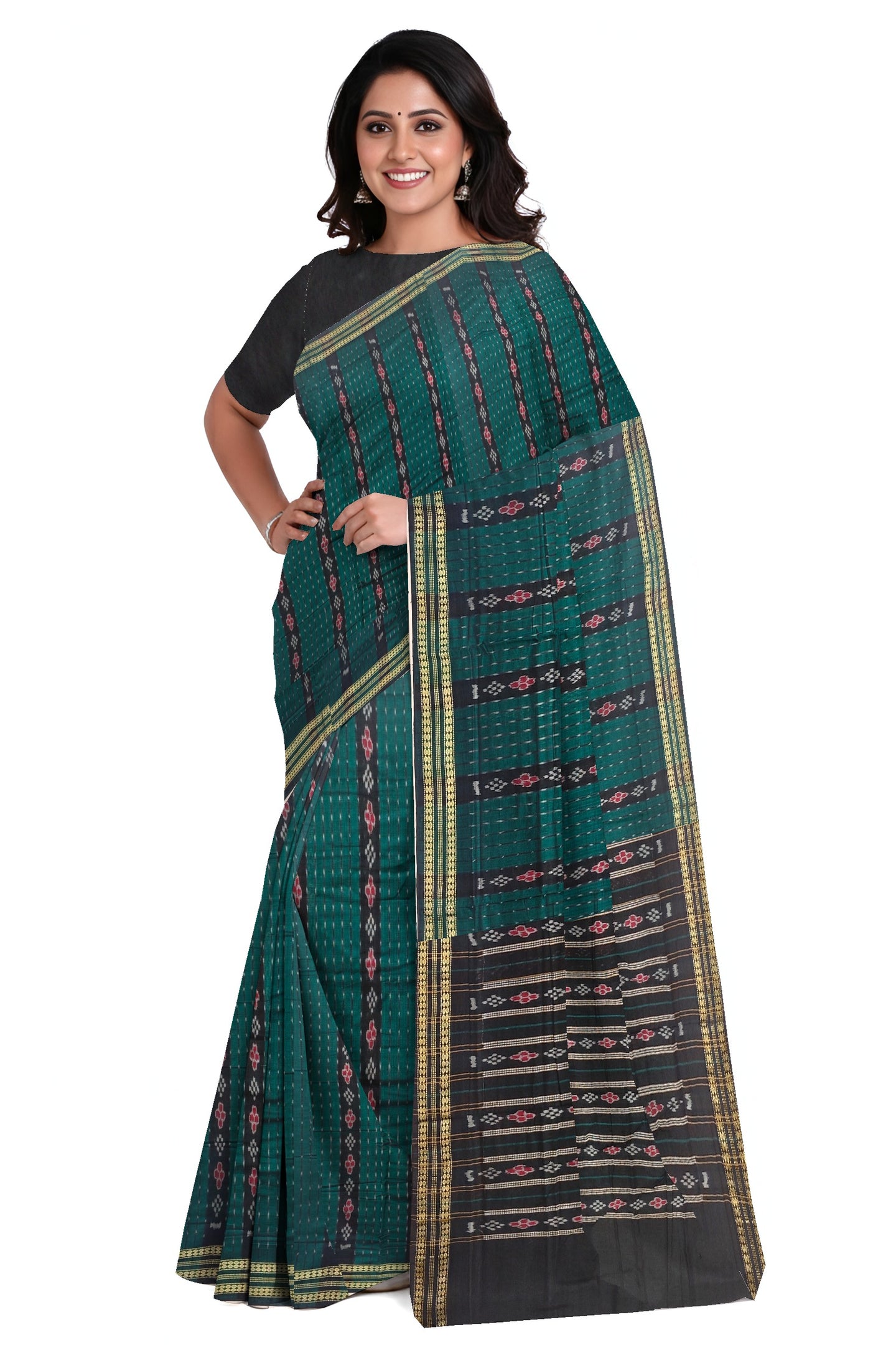 Green And Black Line Bandha Saree | Odisha Handloom GI Tagged | Devnika