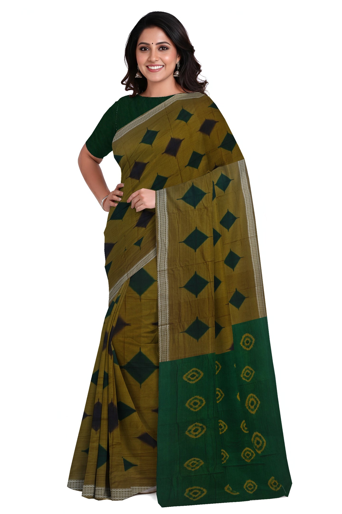 Deep Olive  Sambalapuri Bandhini Saree | Odisha Handloom GI Tagged | Devnika
