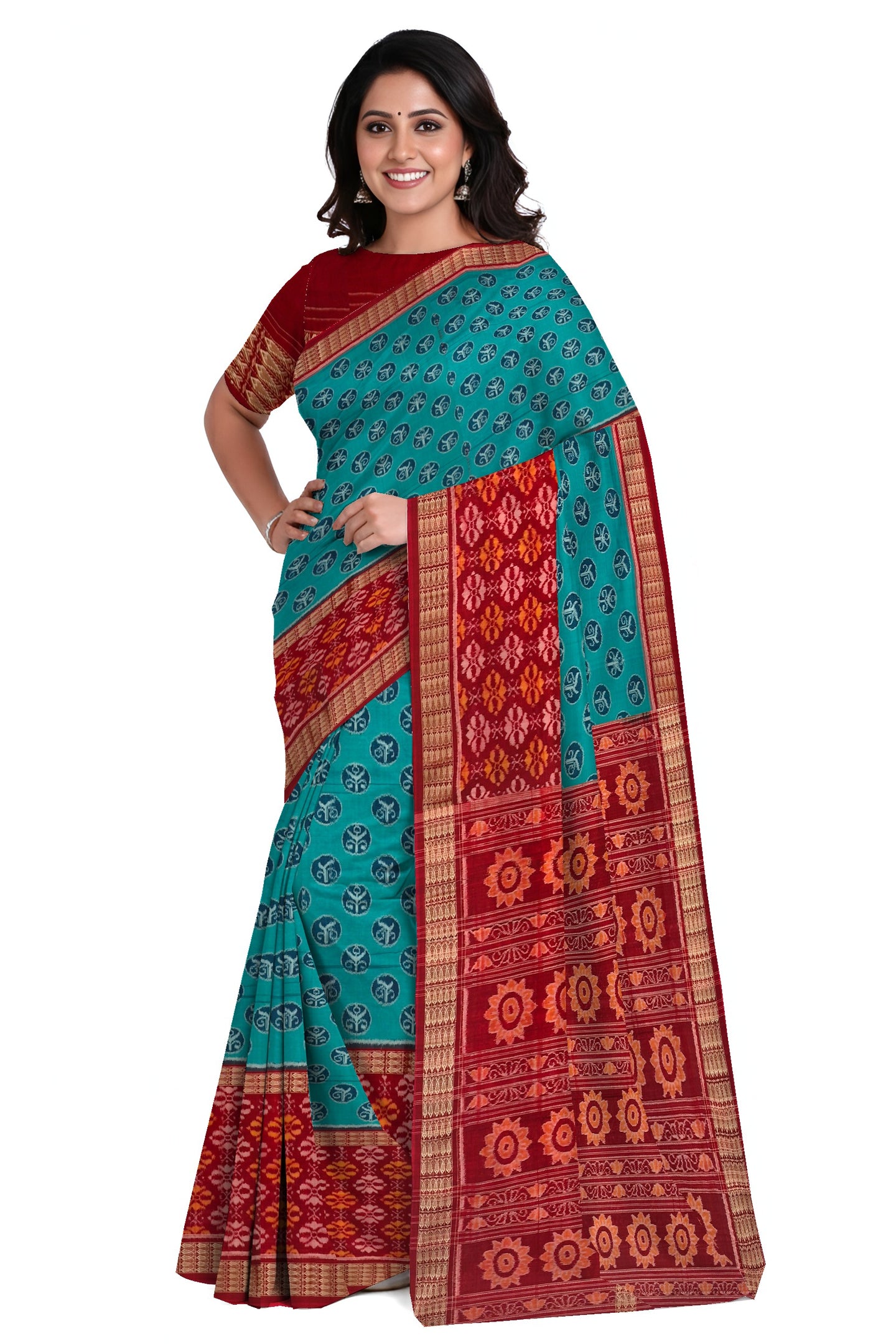 Teal Green Half Half Body Bandha Saree | Odisha Handloom GI Tagged | Devnika
