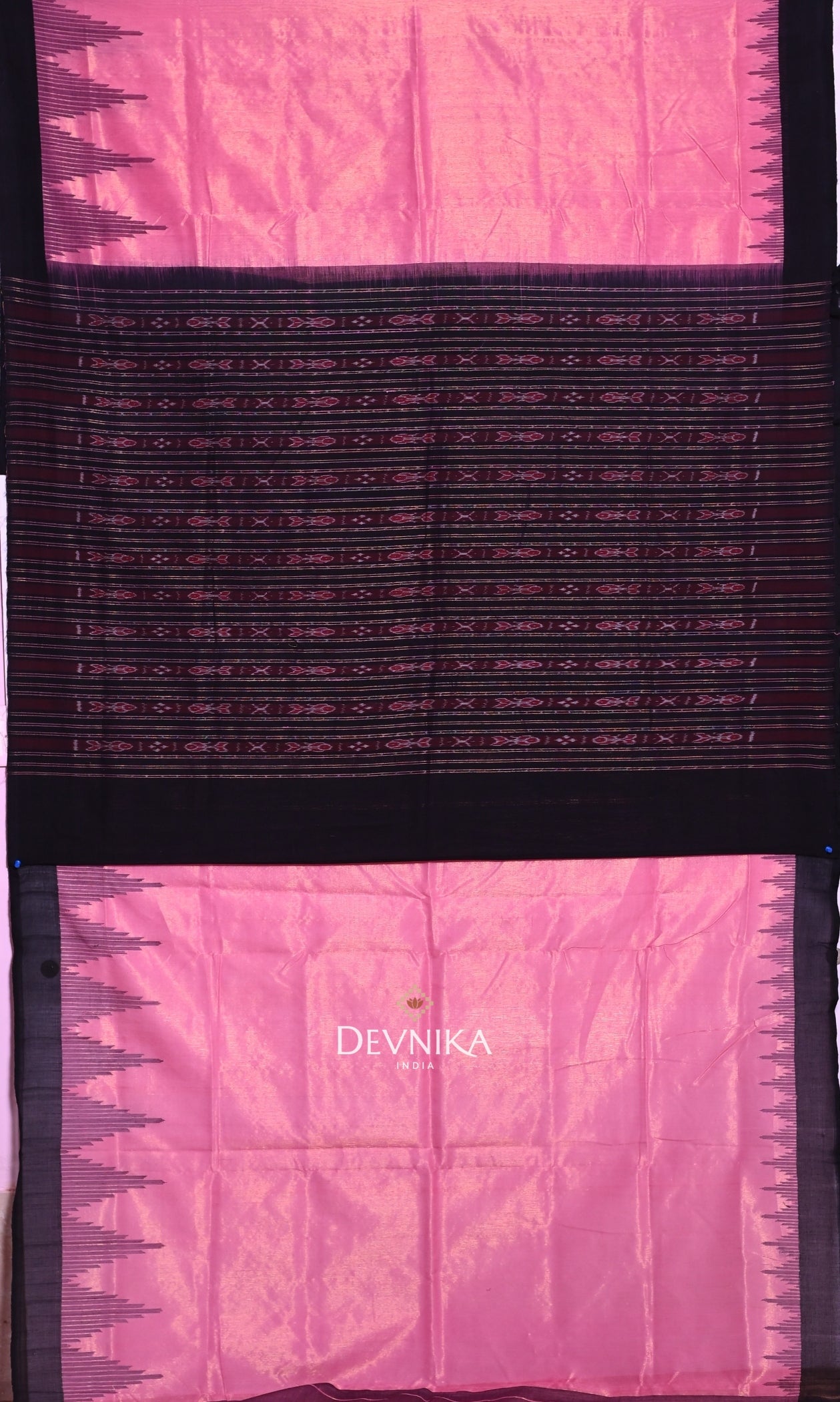 Pink Black Temple Border Odisha UP School Saree