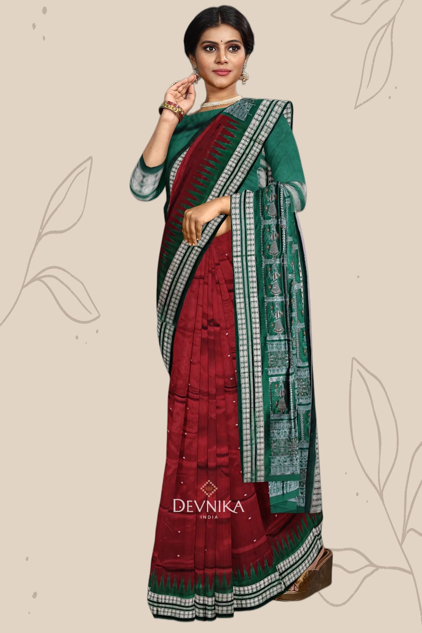 Dark Maroon With Forest Green Bomkai Butti Silk Saree | Odisha Handloom GI Tagged | Devnika