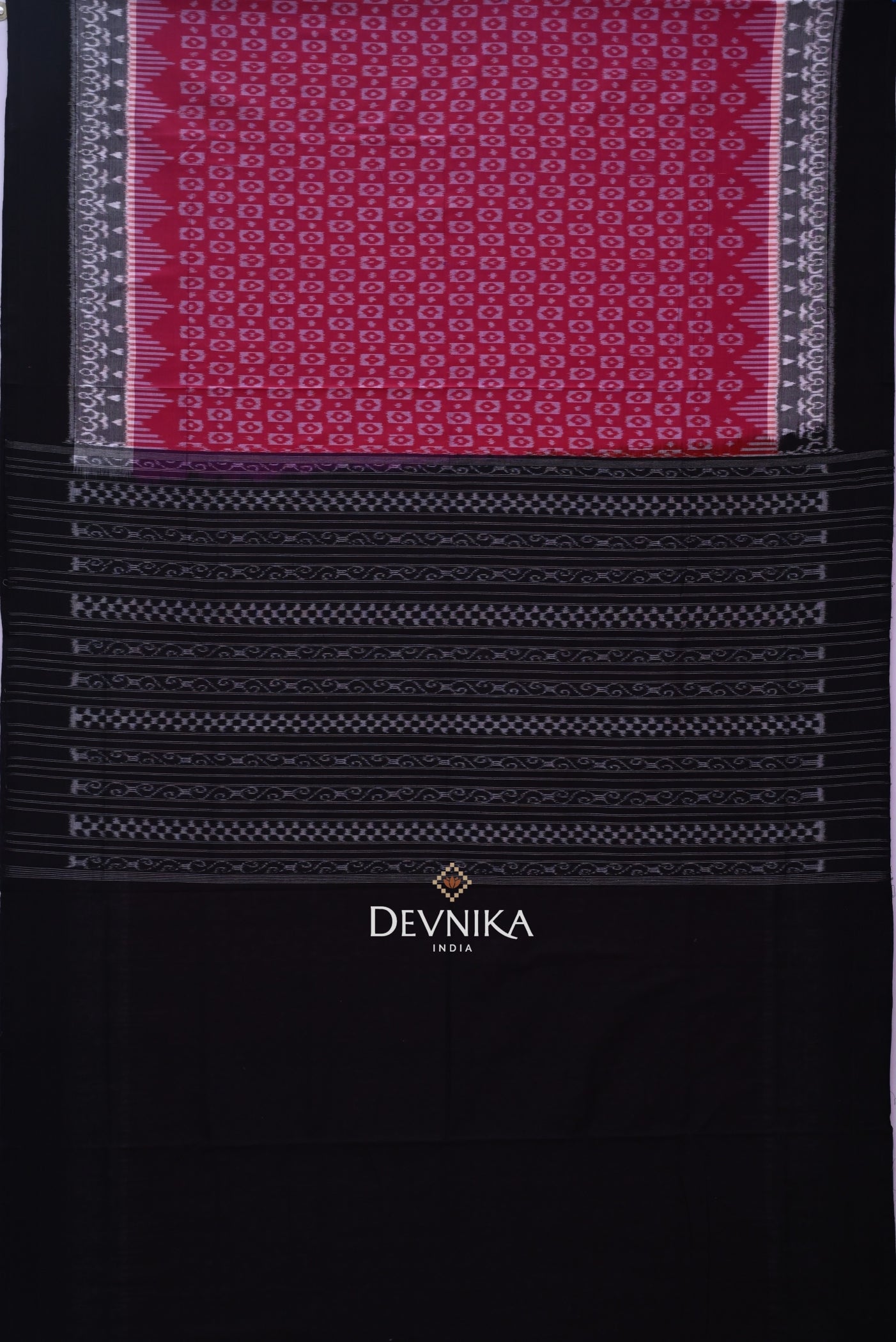 White And Burgundy Double Border Bandha Handloom Cotton Saree | Odisha Handloom | Devnika