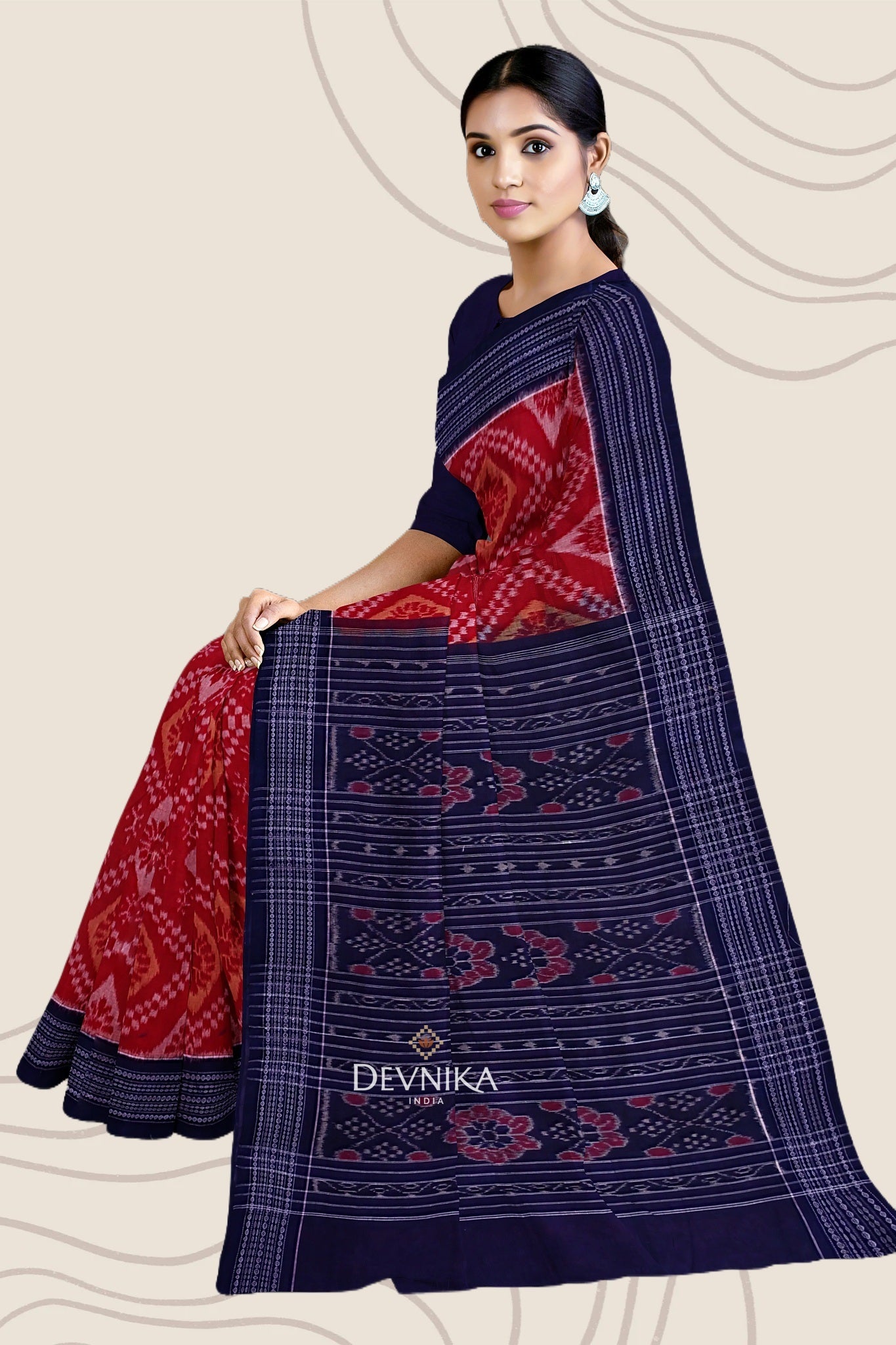 Red And Brown Paper Bandha Handloom Cotton Saree | Odisha Handloom | Devnika