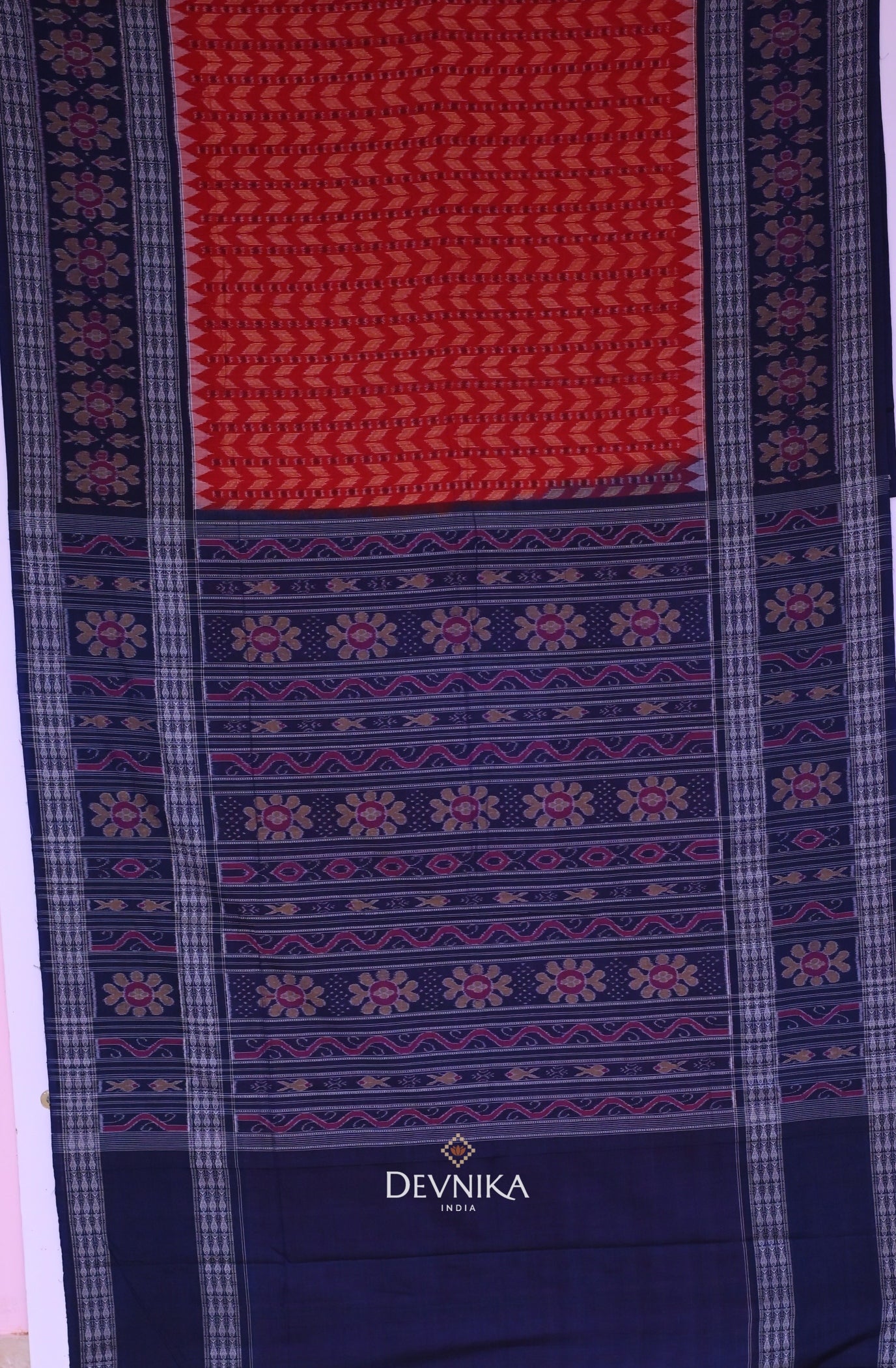 Deep Red Blue Khajuri Pati Bandha Handloom Cotton Saree | Odisha Handloom | Devnika