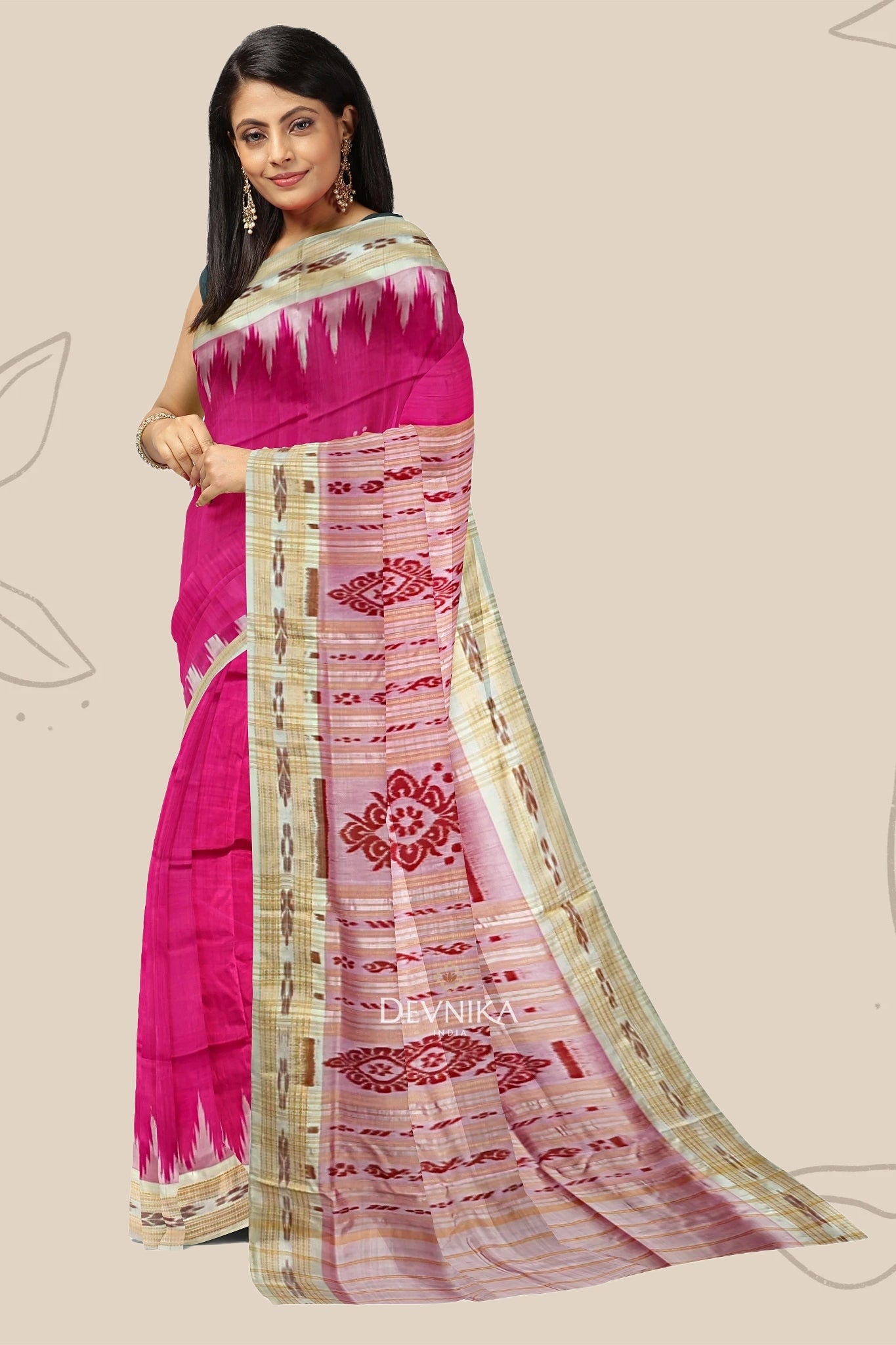 Hot Pink Big Temple Border Khandua Pata Saree