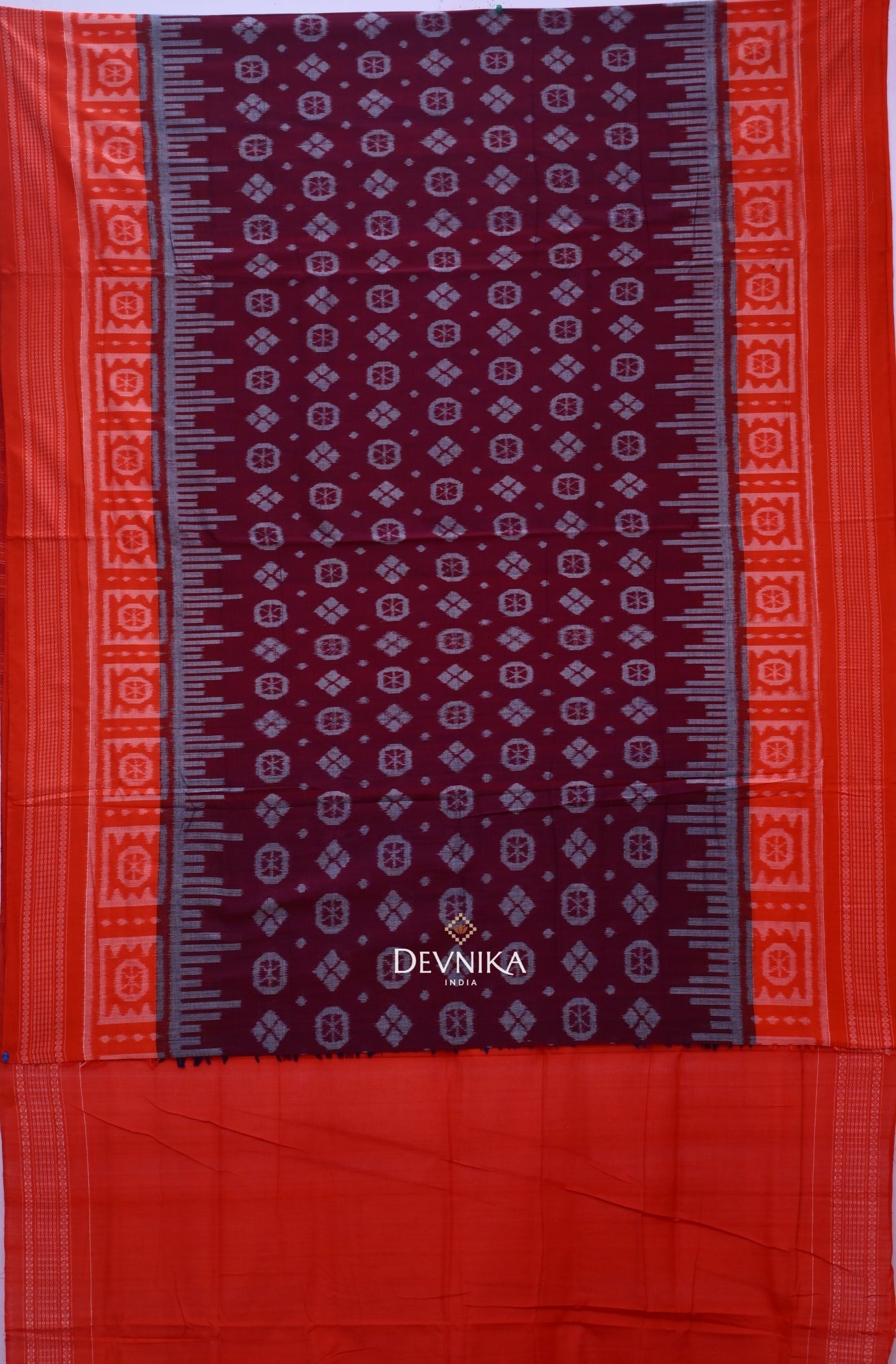 Dark Maroon Big Border Bandha Handloom Cotton Saree | Odisha Handloom | Devnika
