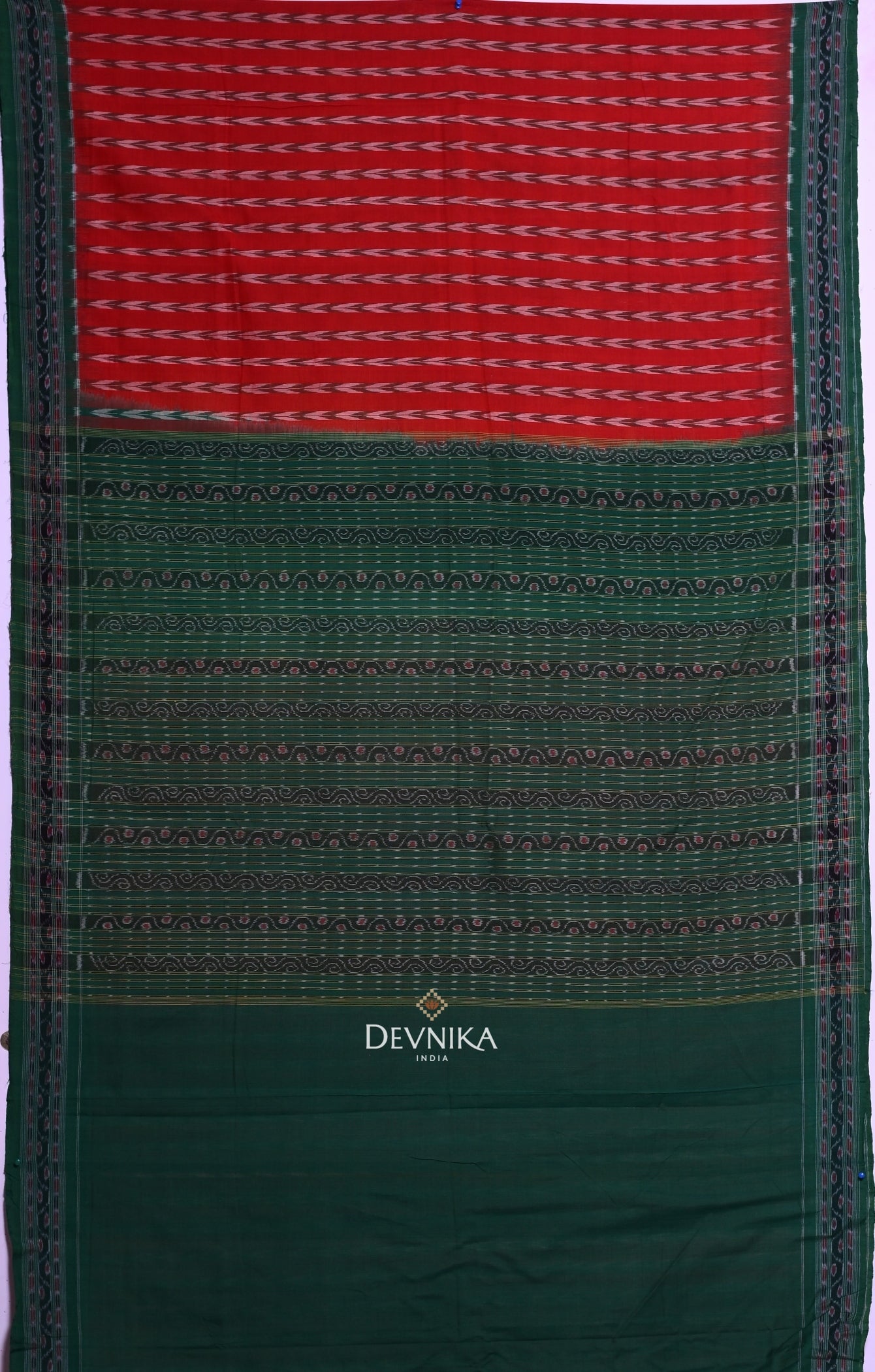 Deep Red Green Khajuri Pati Bandha Handloom Cotton Saree | Odisha Handloom | Devnika