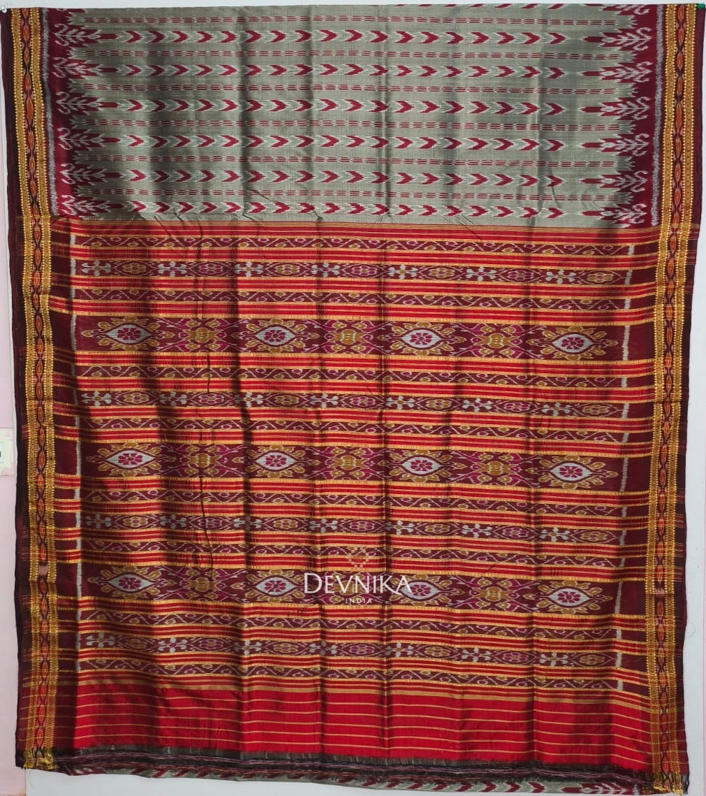 Grey Dhanapatri Khandua Pata Saree | Odisha Handloom | Devnika