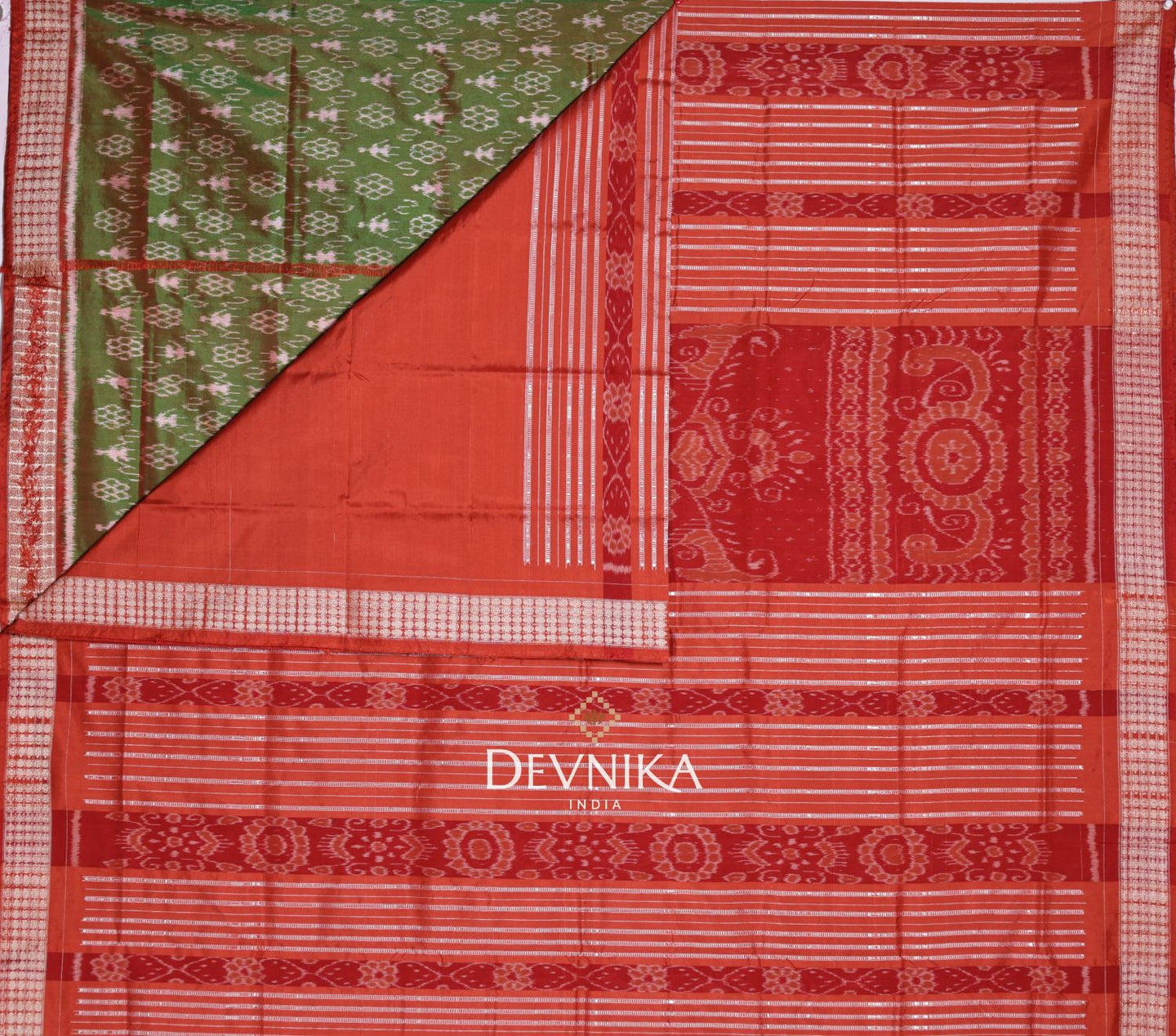 Rust Green Teracota Bandha Silk Saree | Odisha Handloom GI Tagged | Devnika