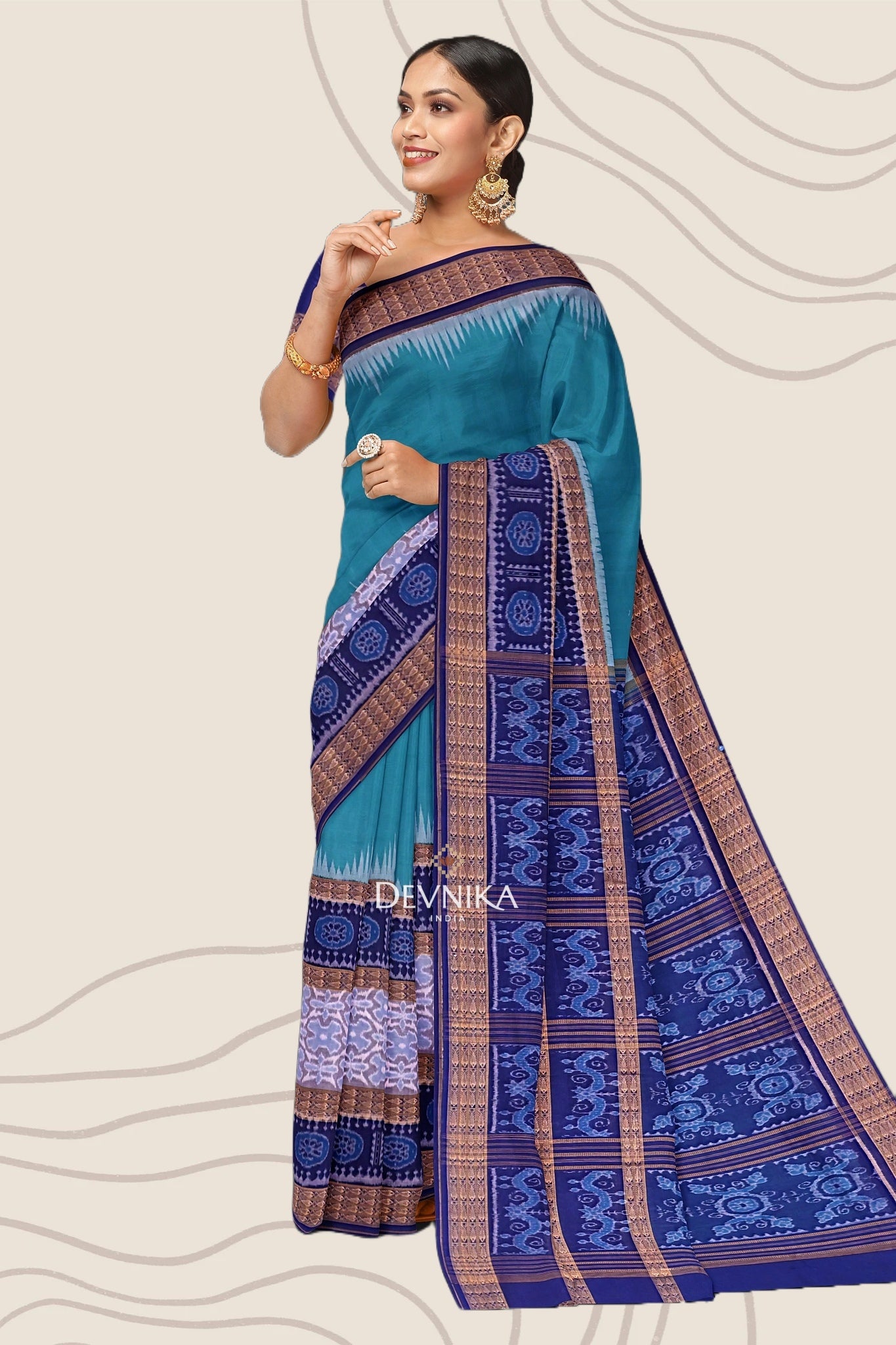 Sea Green Big Border Bandha Handloom Cotton Saree | Odisha Handloom | Devnika