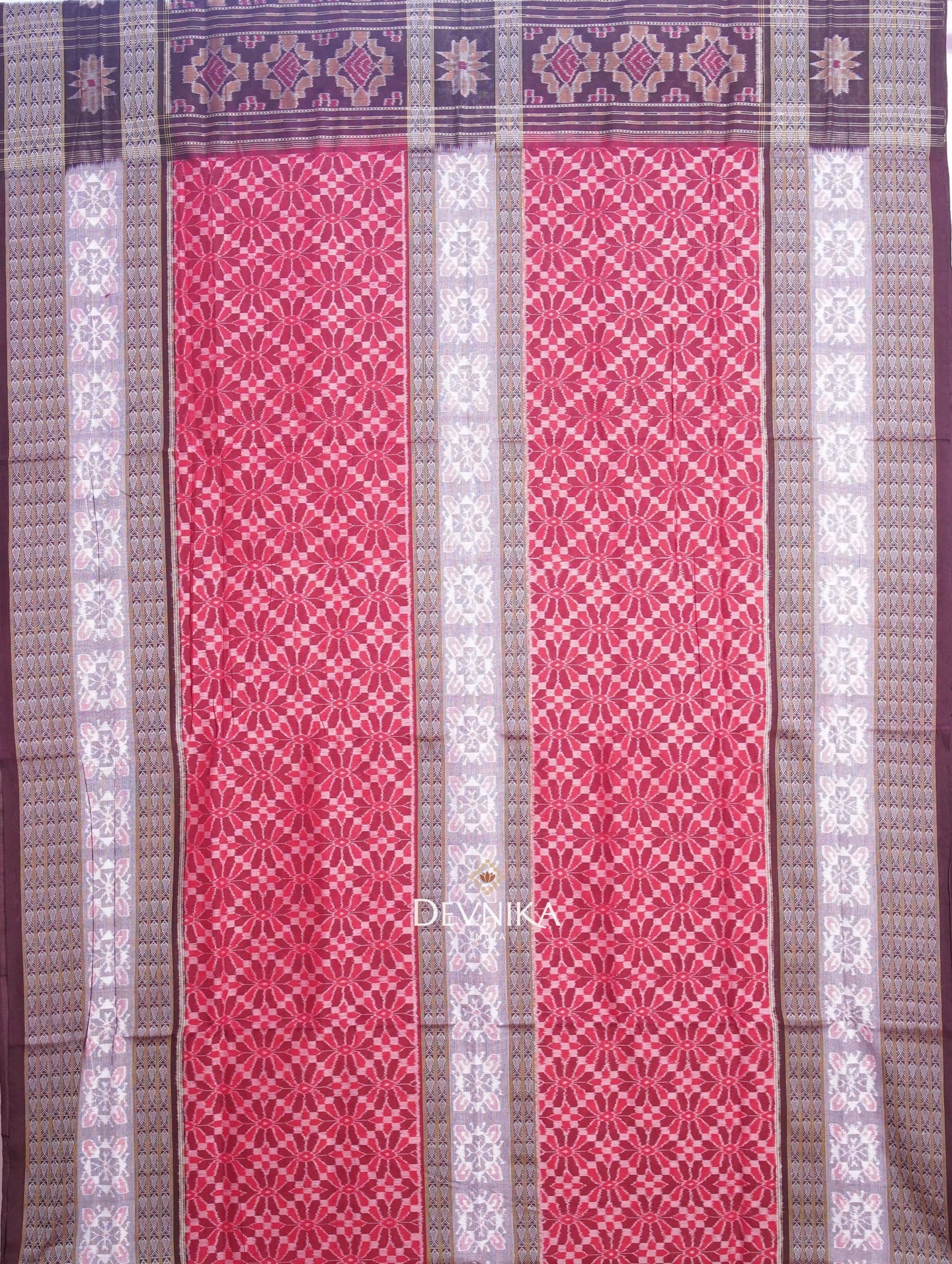 Red And Maroon Fish Bandha Handloom Cotton Saree | Odisha Handloom | Devnika
