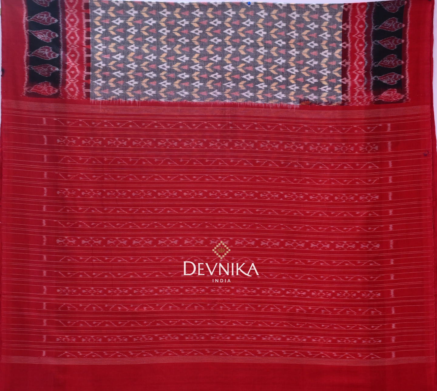 White, Bronze Double Border Bandha Handloom Cotton Saree | Odisha Handloom | Devnika