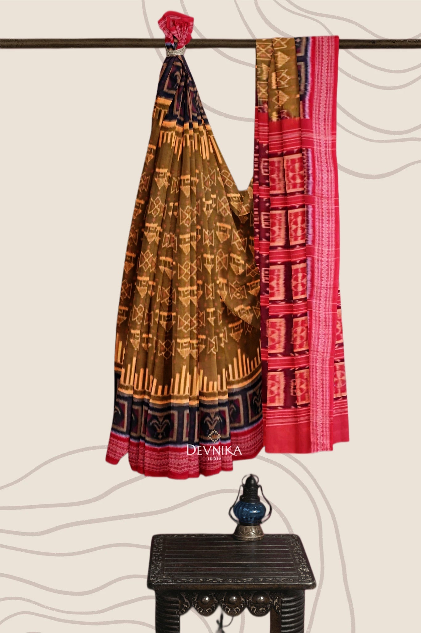 Golden Brown Big Border Bandha Handloom Cotton Saree | Odisha Handloom | Devnika