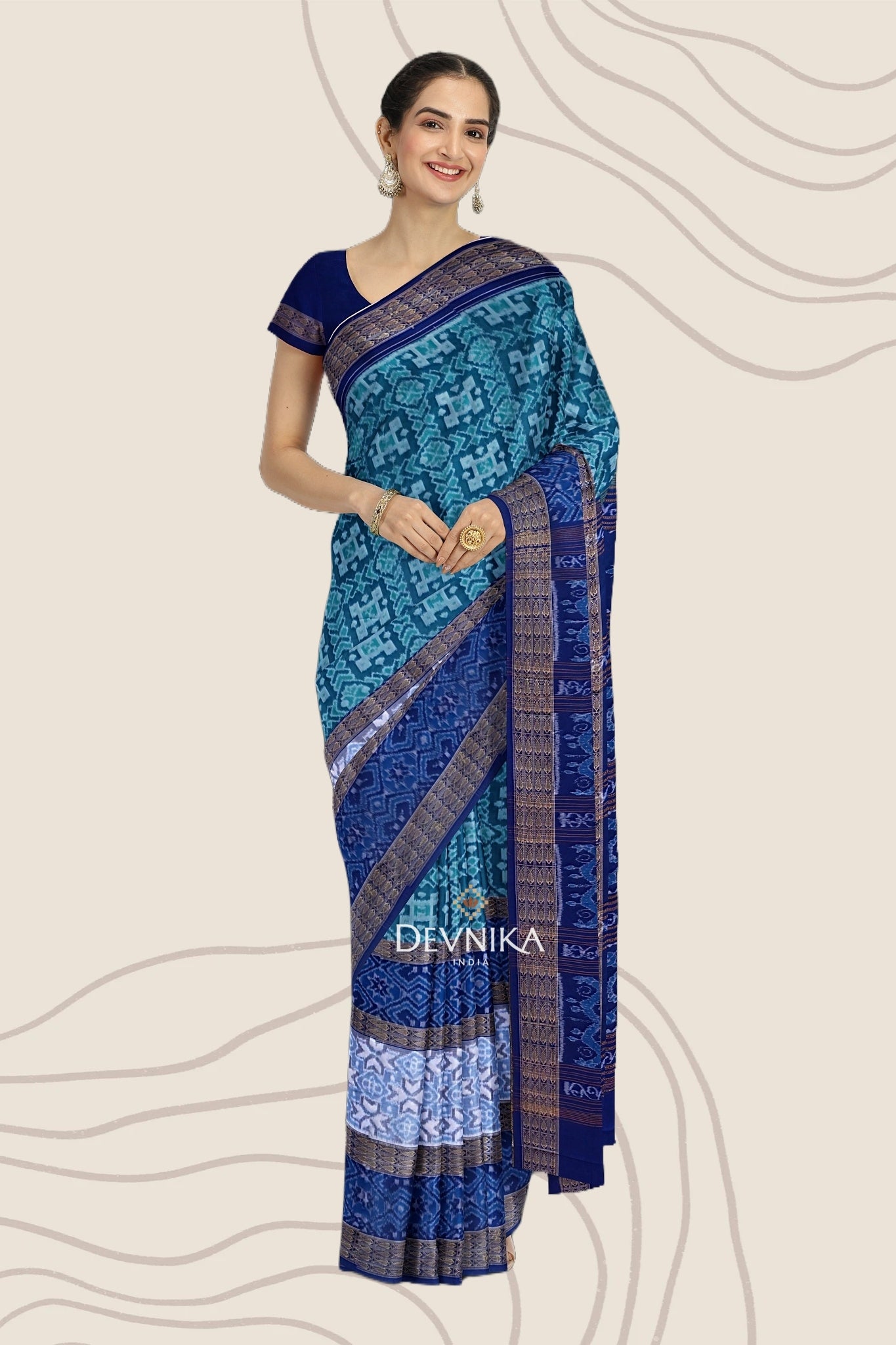 Cyan Double Border Bandha Handloom Cotton Saree | Odisha Handloom | Devnika
