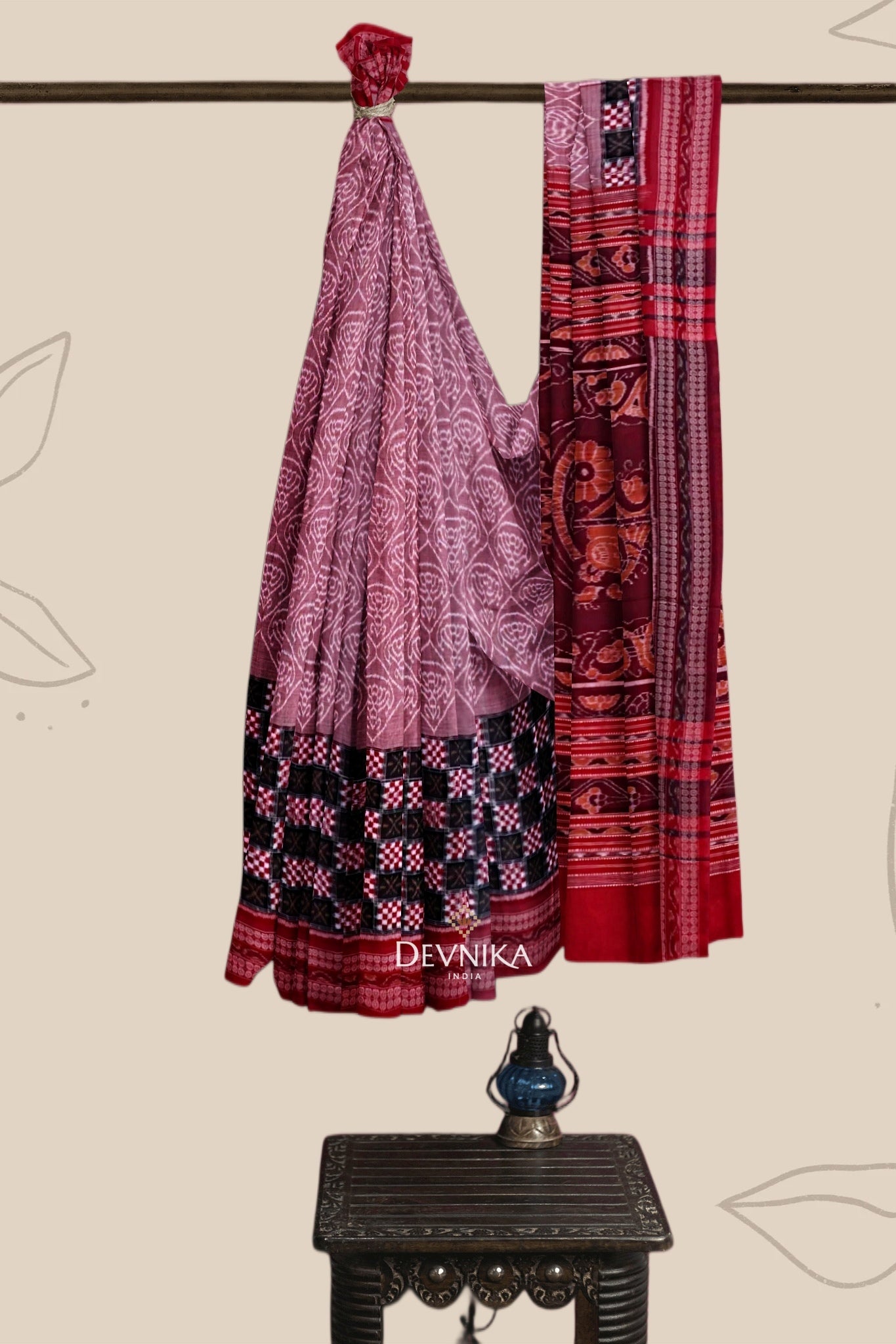 White And Dusty Rose Big Border Bandha Handloom Cotton Saree | Odisha Handloom | Devnika