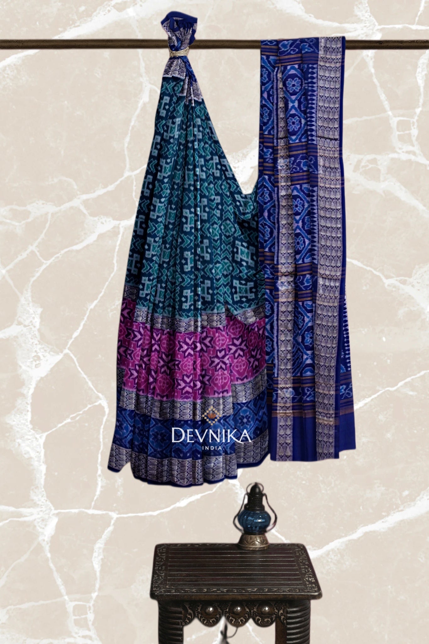 Green Blue Double Border Bandha Handloom Cotton Saree | Odisha Handloom | Devnika