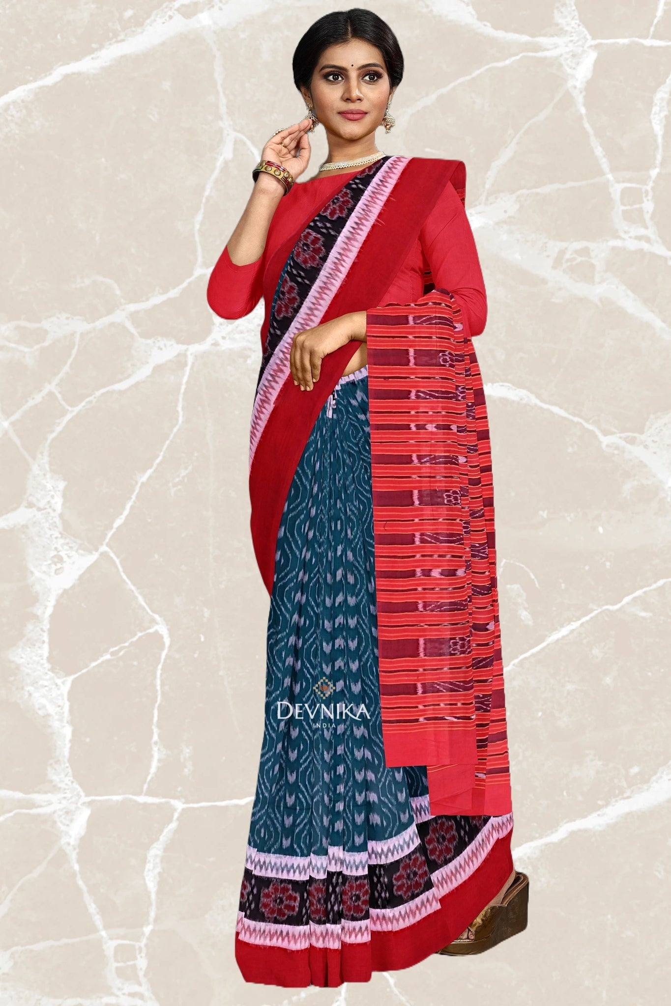 Sea Green Double Border Bandha Handloom Cotton Saree | Odisha Handloom | Devnika
