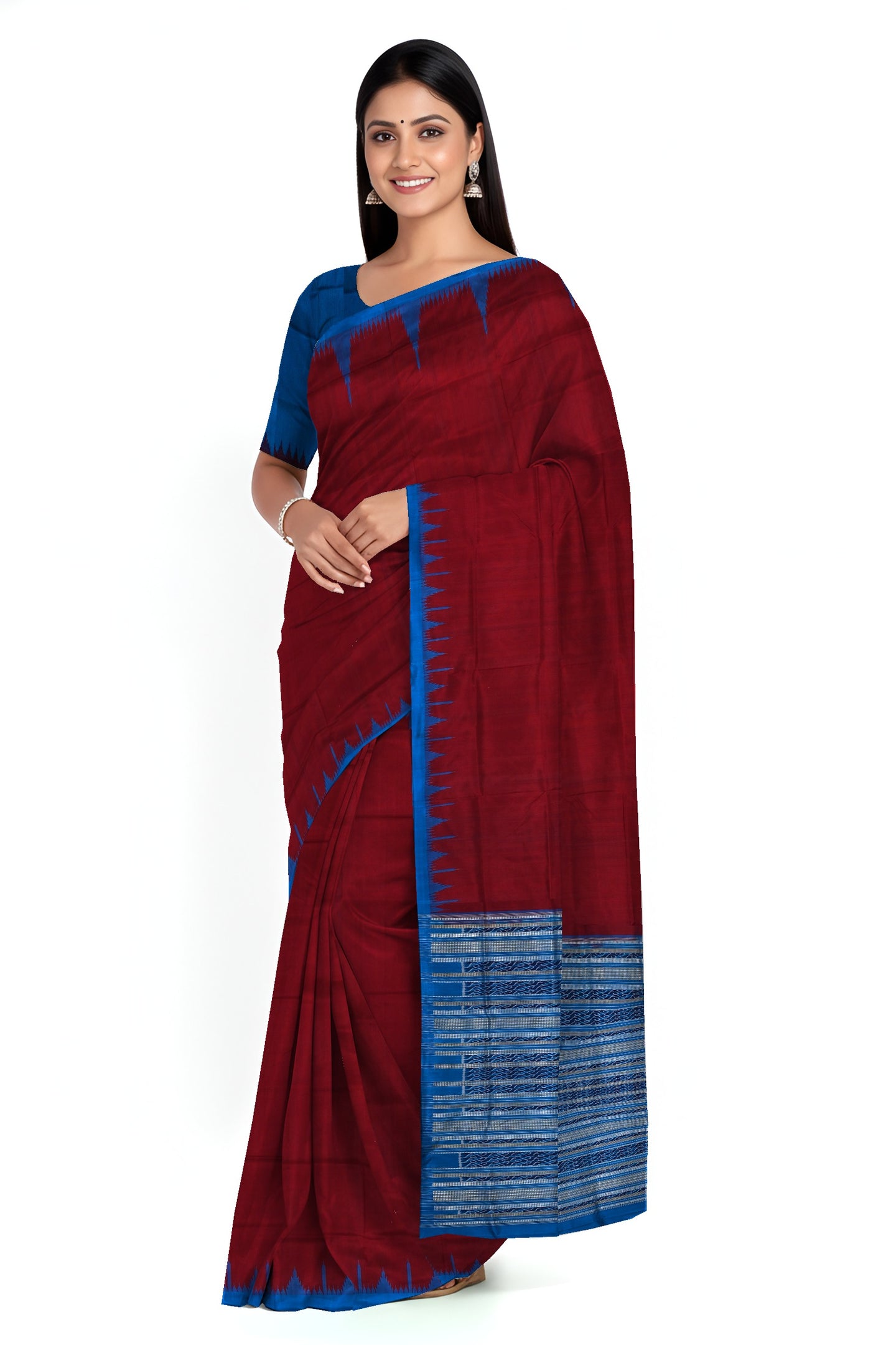 Deep Maroon Big Temple Border Sambalpuri  Saree | Odisha Handloom GI Tagged | Devnika