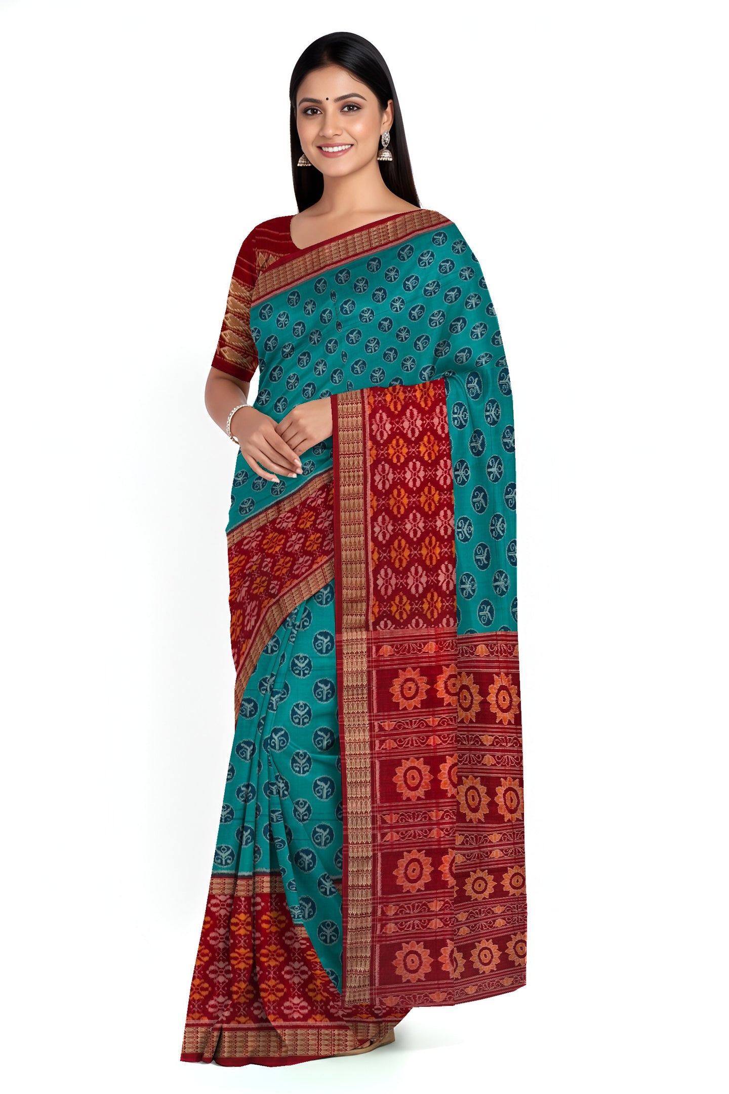 Teal Green Half Half Body Bandha Saree | Odisha Handloom GI Tagged | Devnika