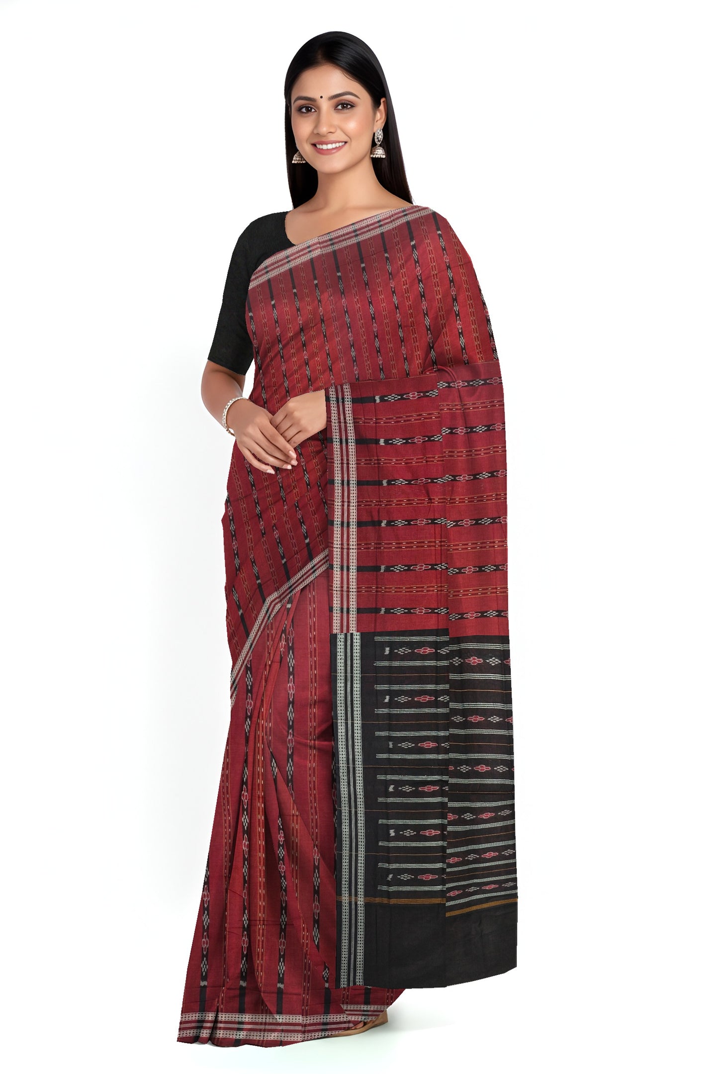 Deep Maroon Line Bandha Saree | Odisha Handloom GI Tagged | Devnika