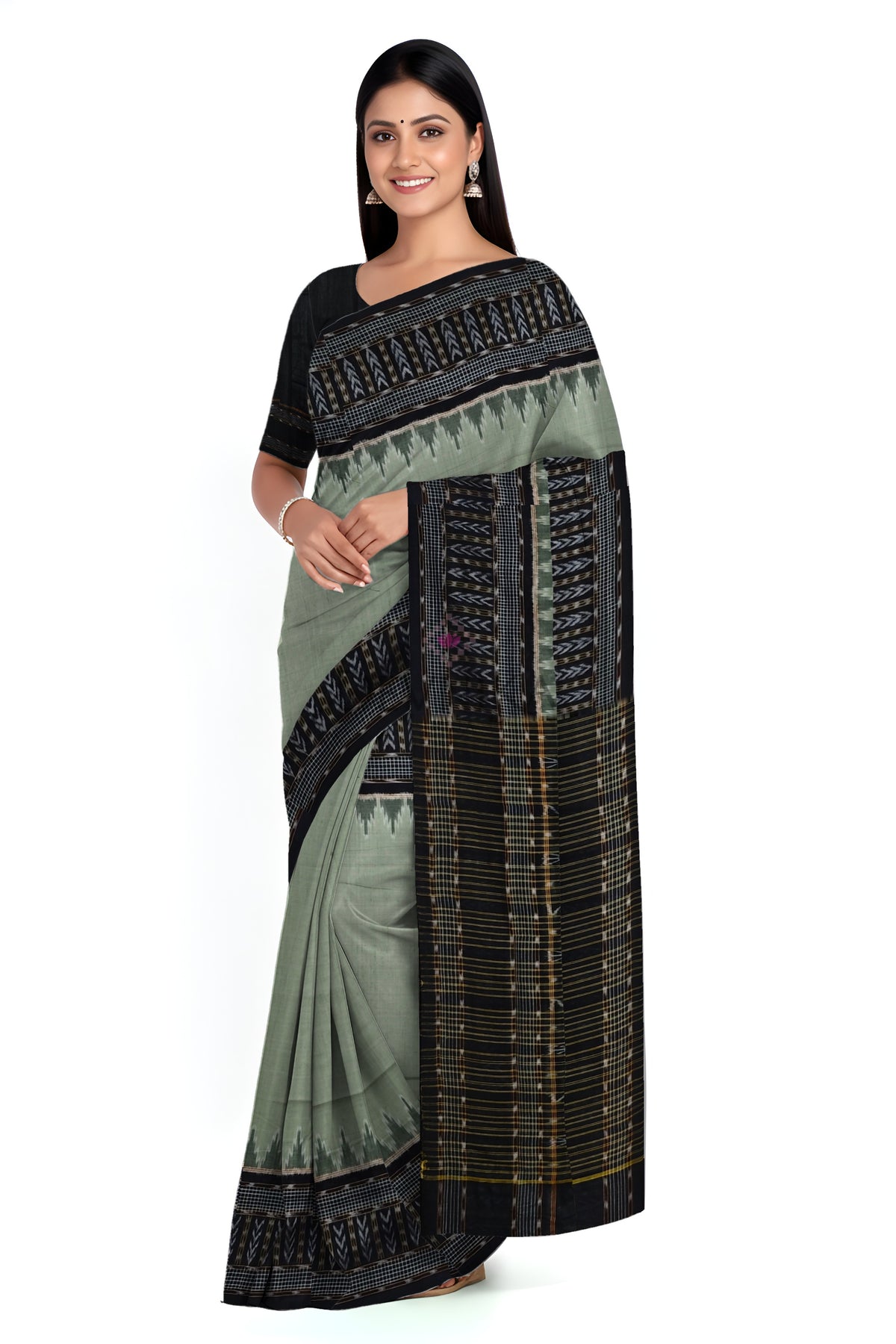 Pista Green Temple Border Bandha Saree | Odisha Handloom GI Tagged | Devnika