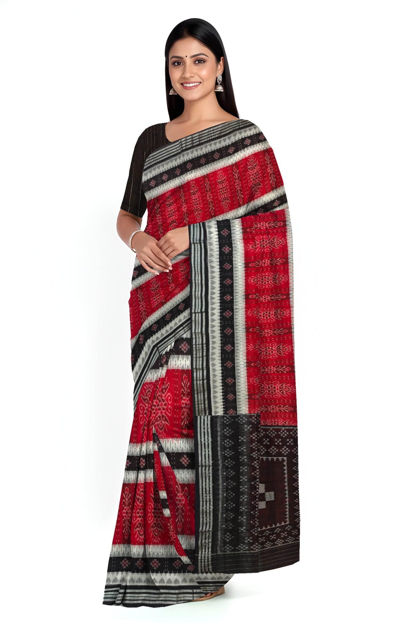 Red And White Mania Bandha Traditional Katiki Saree | Odisha Handloom GI Tagged | Devnika