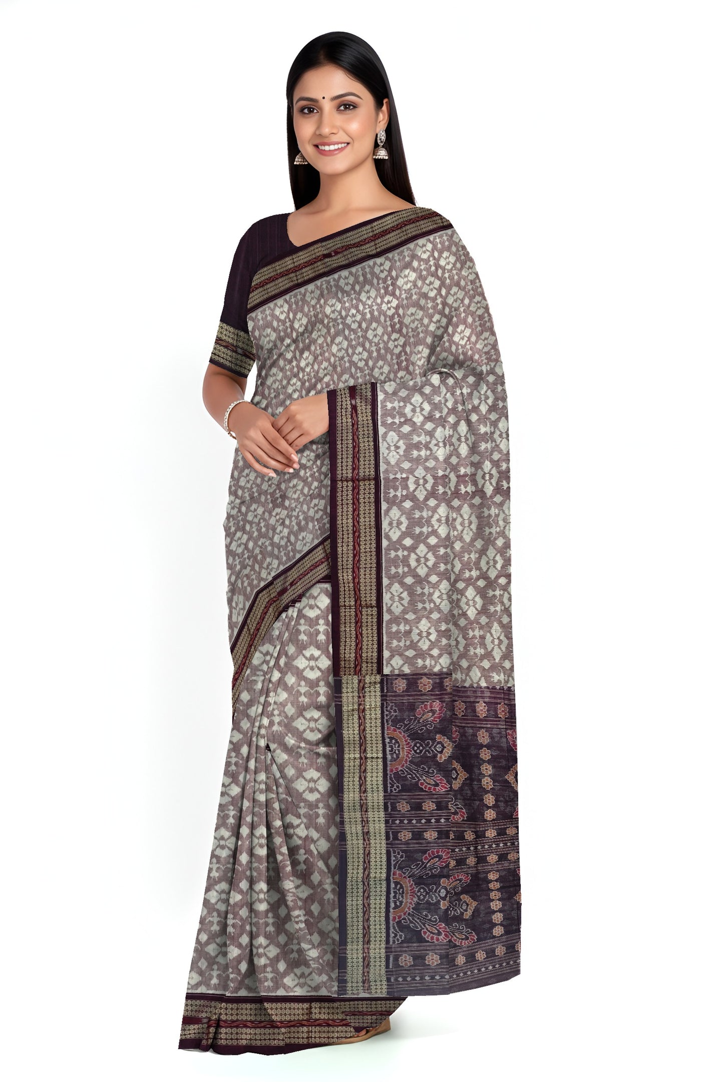 White & Coffee Traditional Body Bandha Saree | Odisha Handloom GI Tagged | Devnika