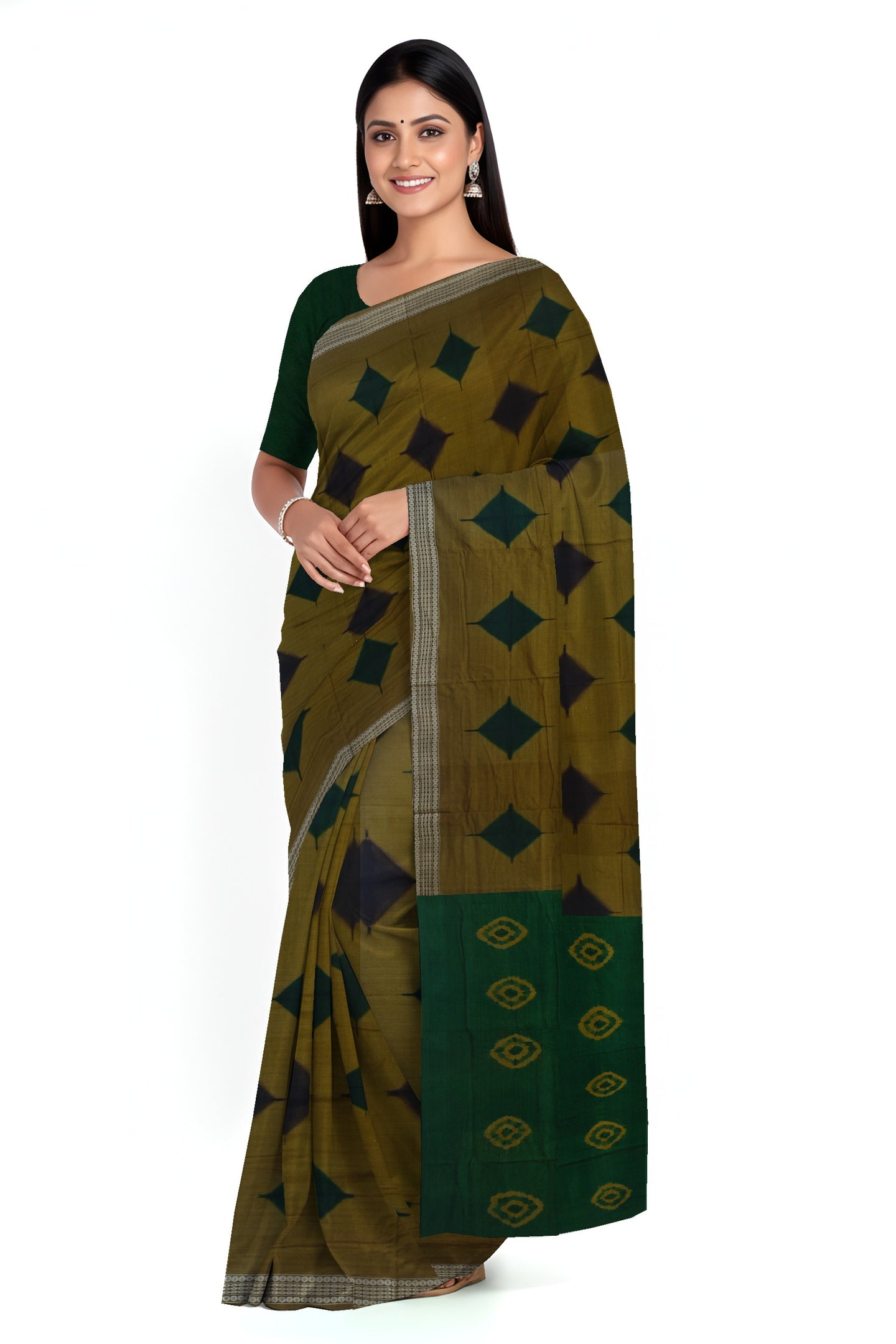 Deep Olive  Sambalapuri Bandhini Saree | Odisha Handloom GI Tagged | Devnika