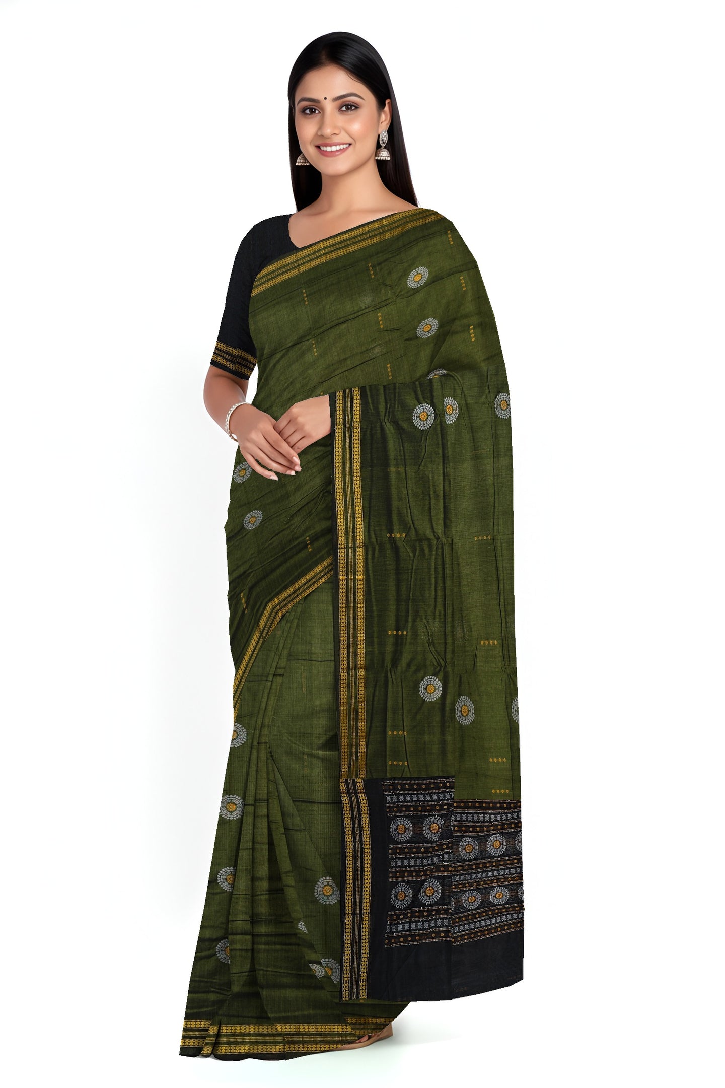 Olive Green Bomkai Butti Sambalapuri Saree | Odisha Handloom GI Tagged | Devnika