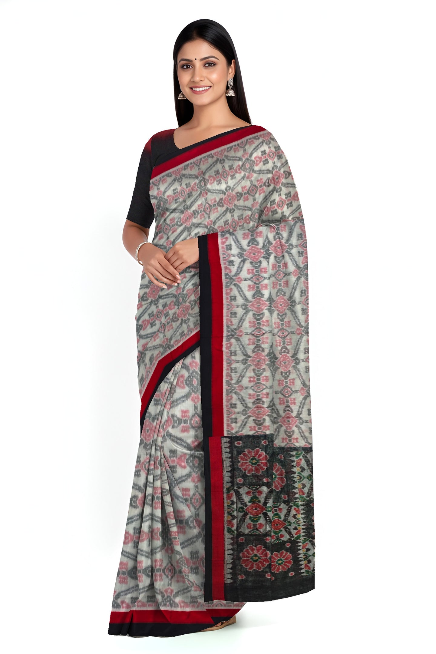 White And Red Mania Bandha Traditional Katiki Saree | Odisha Handloom GI Tagged | Devnika