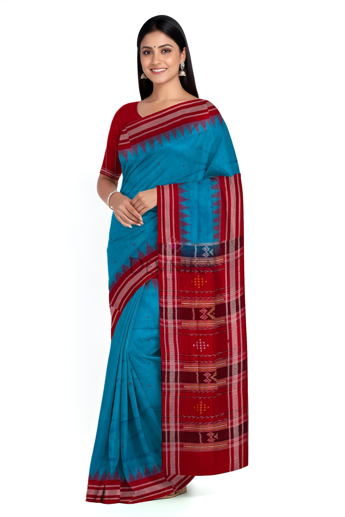 Royal Blue Temple Boarder Cotton Bapta Saree | Odisha Handloom GI Tagged | Devnika
