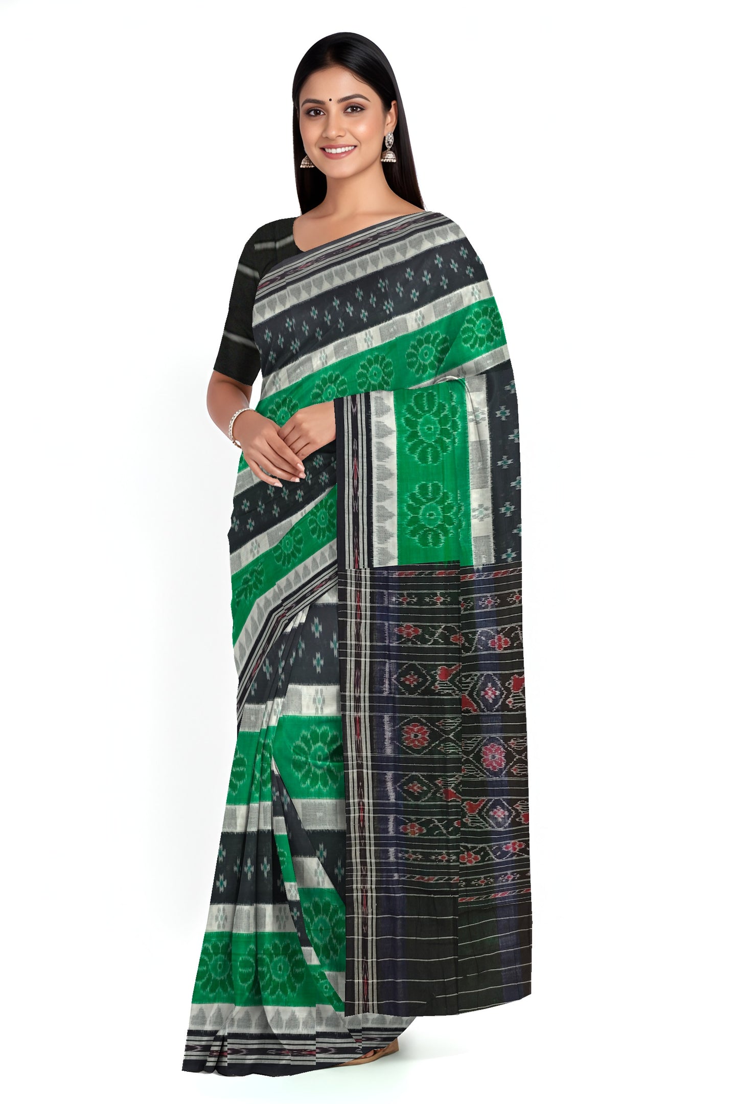 Black Green And White Mania Bandha Traditional Katiki Saree | Odisha Handloom GI Tagged | Devnika