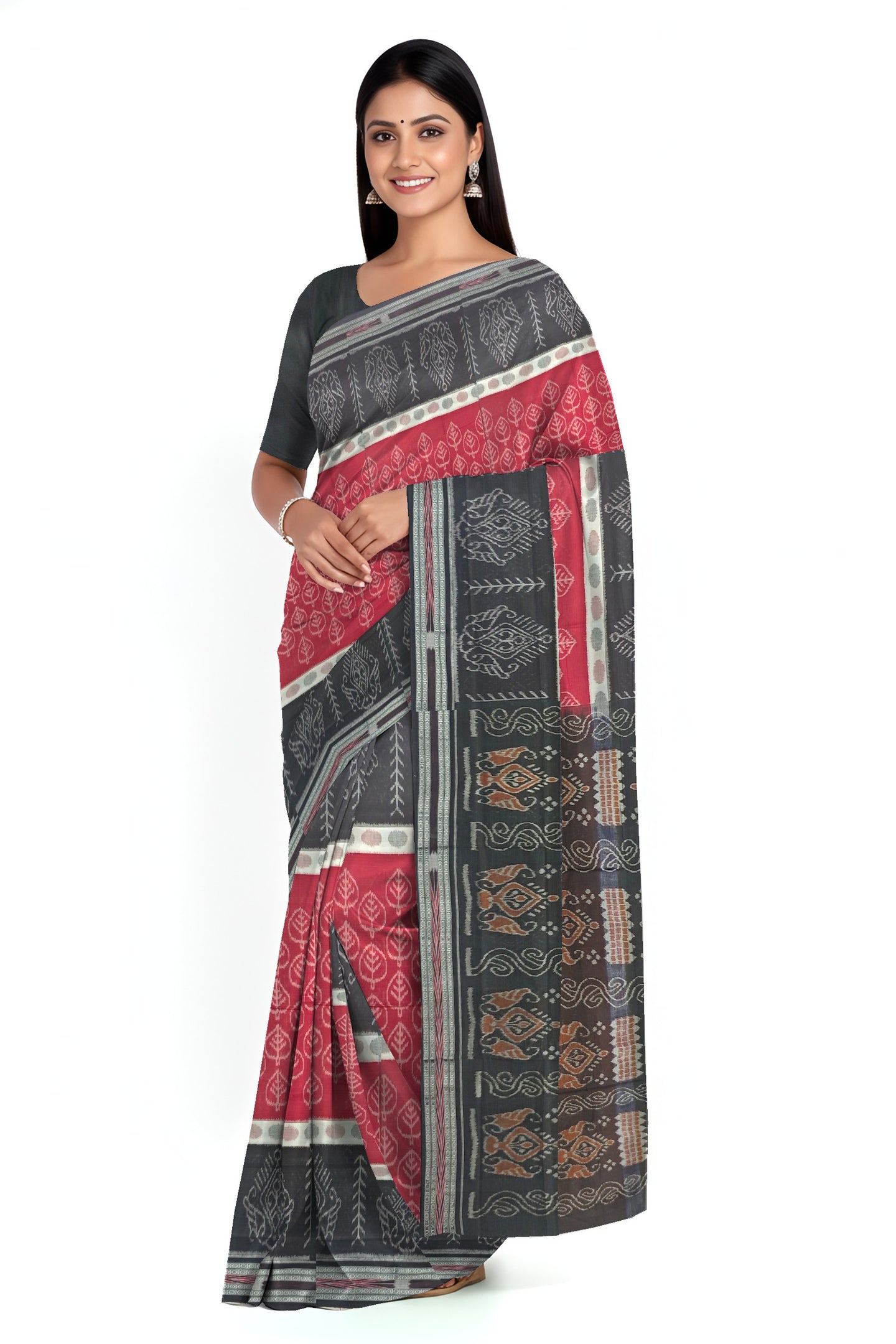 Maroon And White Mania Bandha Traditional Katiki Saree | Odisha Handloom GI Tagged | Devnika