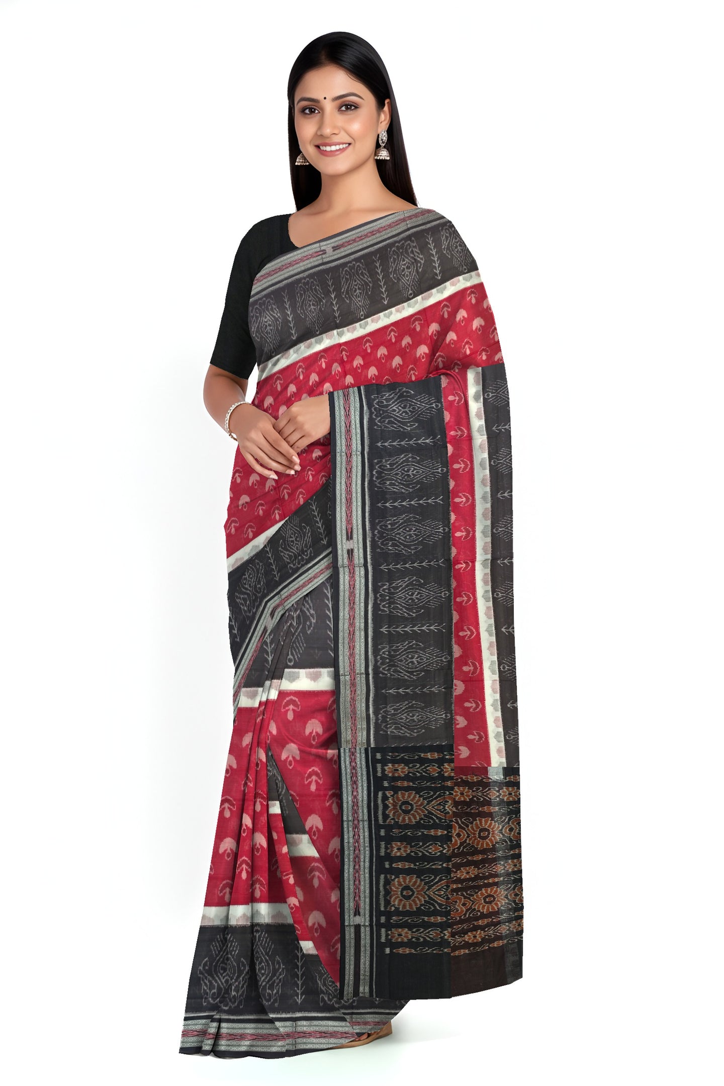 Maroon And White Mania Bandha Traditional Katiki Saree | Odisha Handloom GI Tagged | Devnika