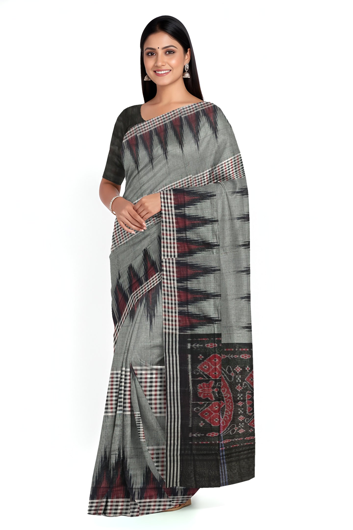 Grey Black Maroon Mania Bandha Traditional Katiki Saree | Odisha Handloom GI Tagged | Devnika