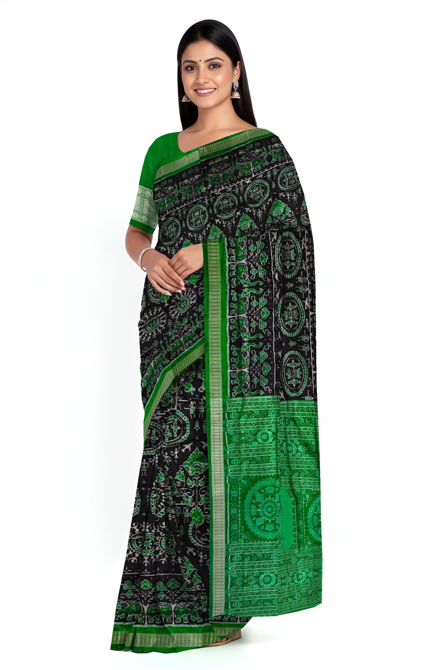 Black & Green Traditional Body Bandha Saree | Odisha Handloom GI Tagged | Devnika