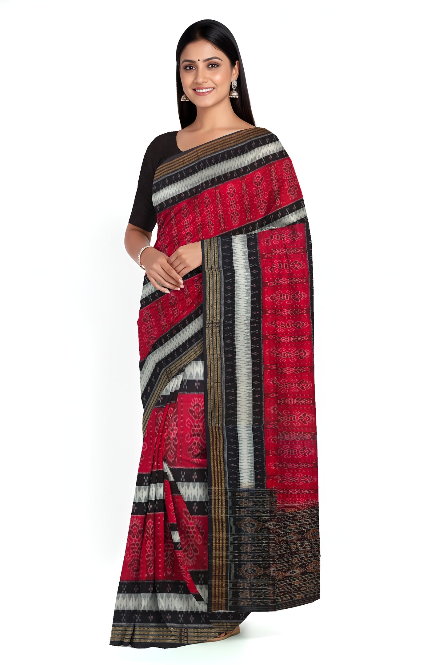 Red And White Mania Bandha Traditional Katiki Saree | Odisha Handloom GI Tagged | Devnika